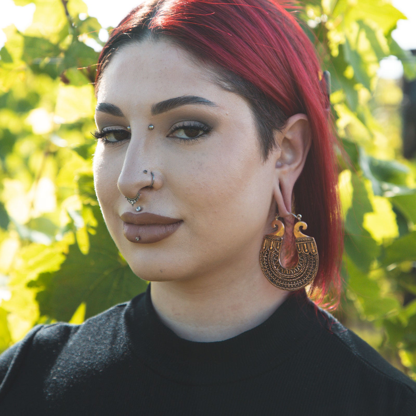 Afghan Pattern Copper & Silver Plug Hoops Model Shot