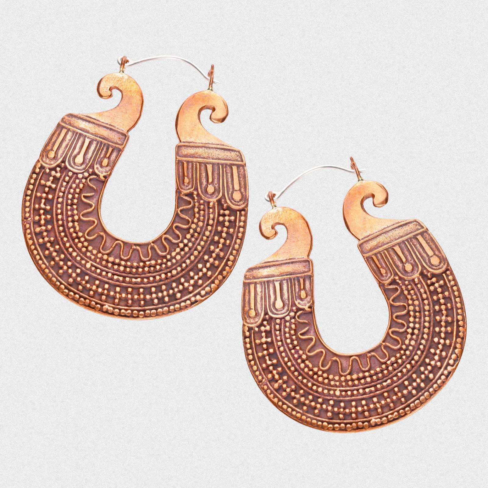Afghan Pattern Copper & Silver Plug Hoops