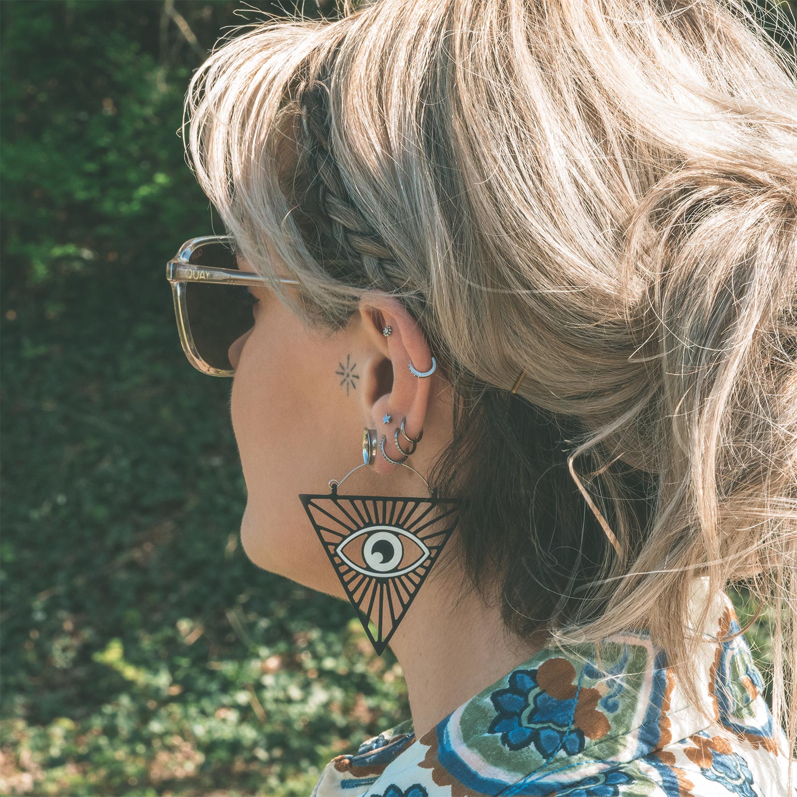 All-Seeing Eye Black Soft Touch Plug Hoops Model Shot