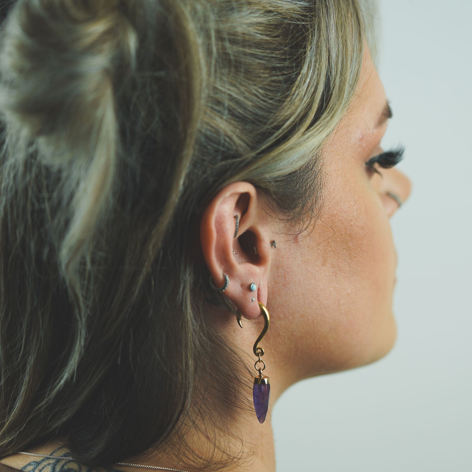 Amethyst Faceted Pendant With Gold PVD Hook Mini Ear Weight Model Shot