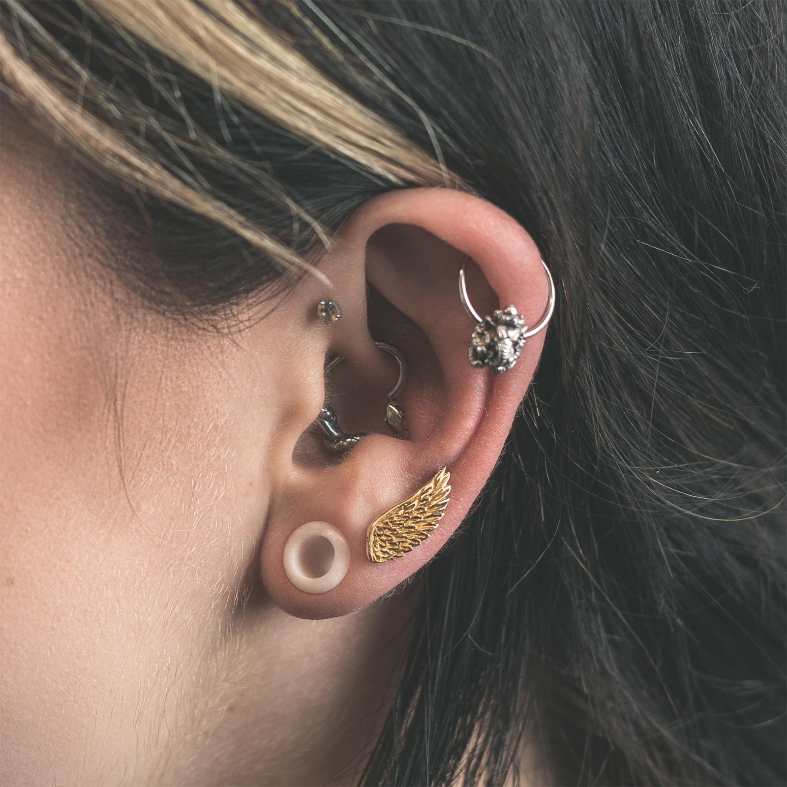 Angel Wing Brass Ear Climber Model Shot