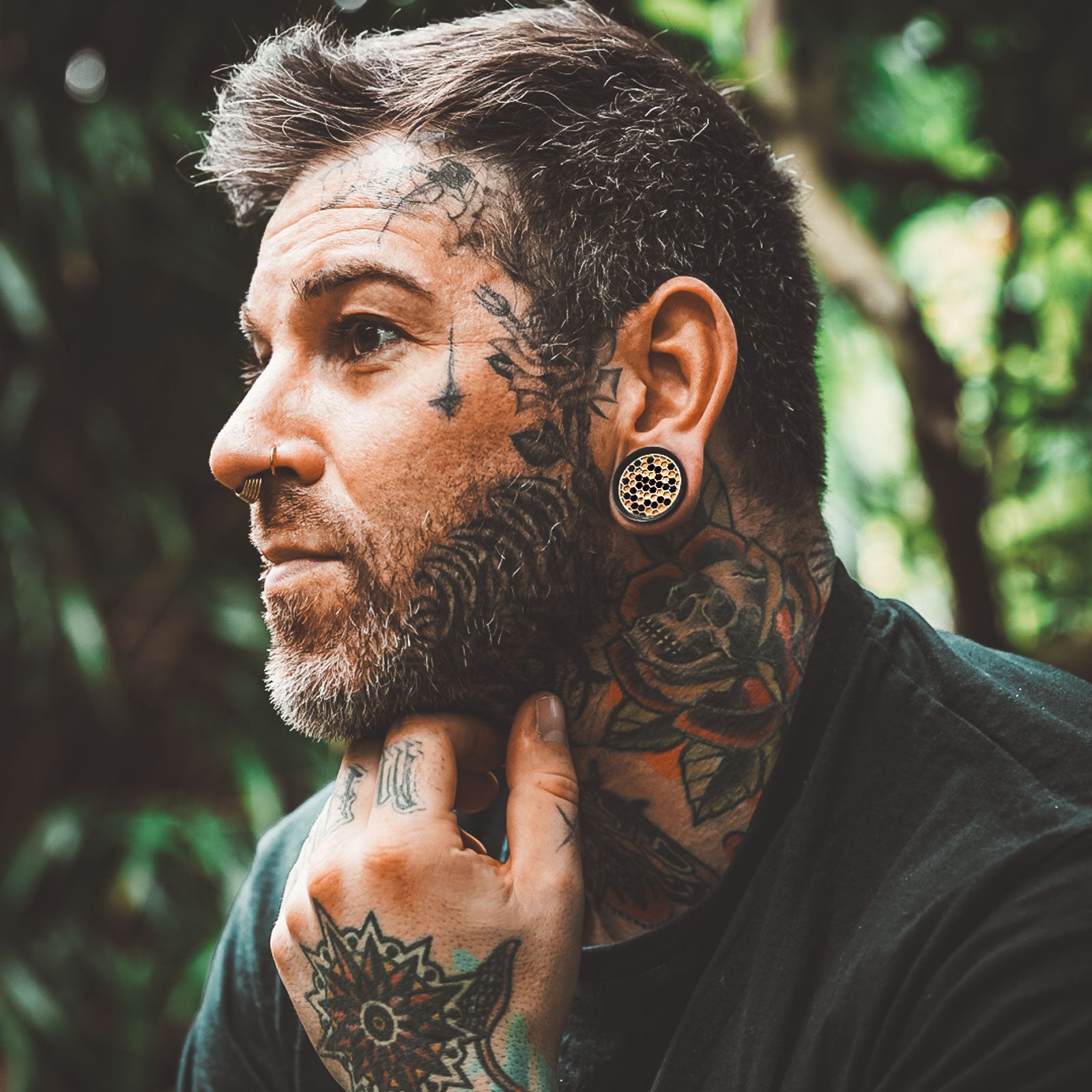 Areng Wood Double Flare Plug With Brass Honeycomb Inlay Model Shot Side Shot