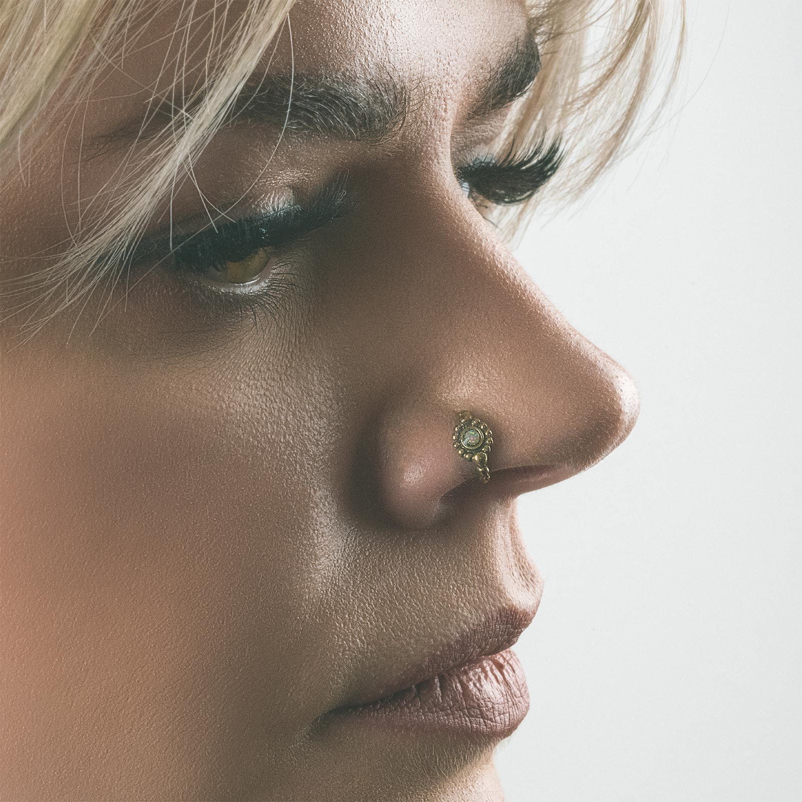 Beaded Synthetic White Opal Brass Seamless Nose Ring Model Shot