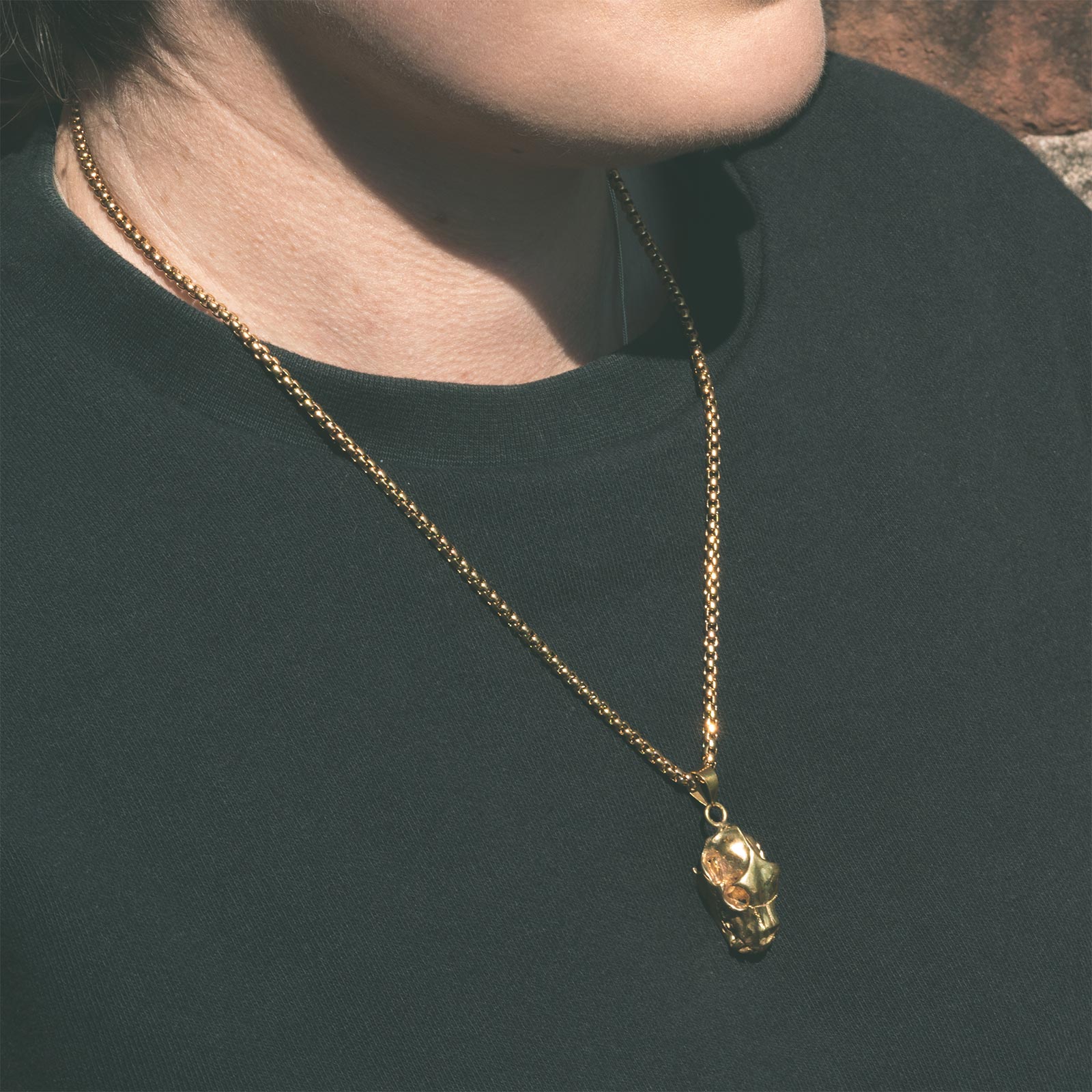 Bear Skull Brass Pendant With 18k Gold Box Chain Model Shot