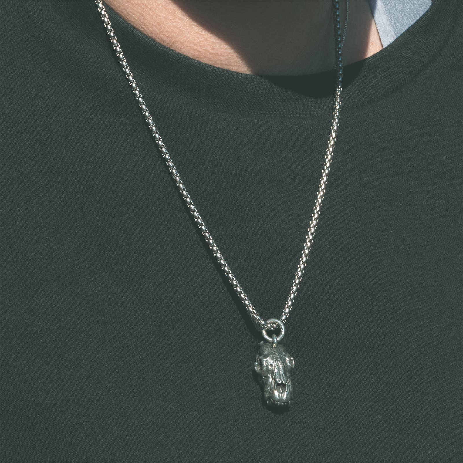 Bear Skull White Brass Pendant With Adjustable Cord Necklace Model Shot