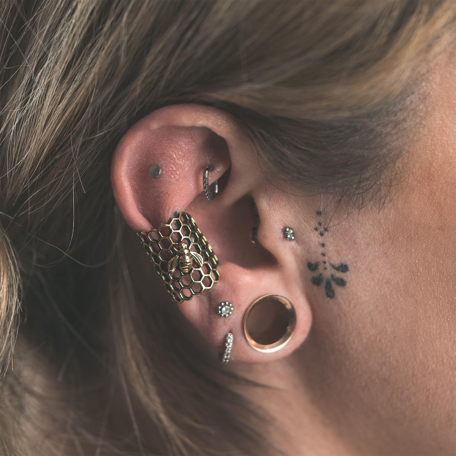 Bee & Honeycomb Brass Ear Cuff Model Shot