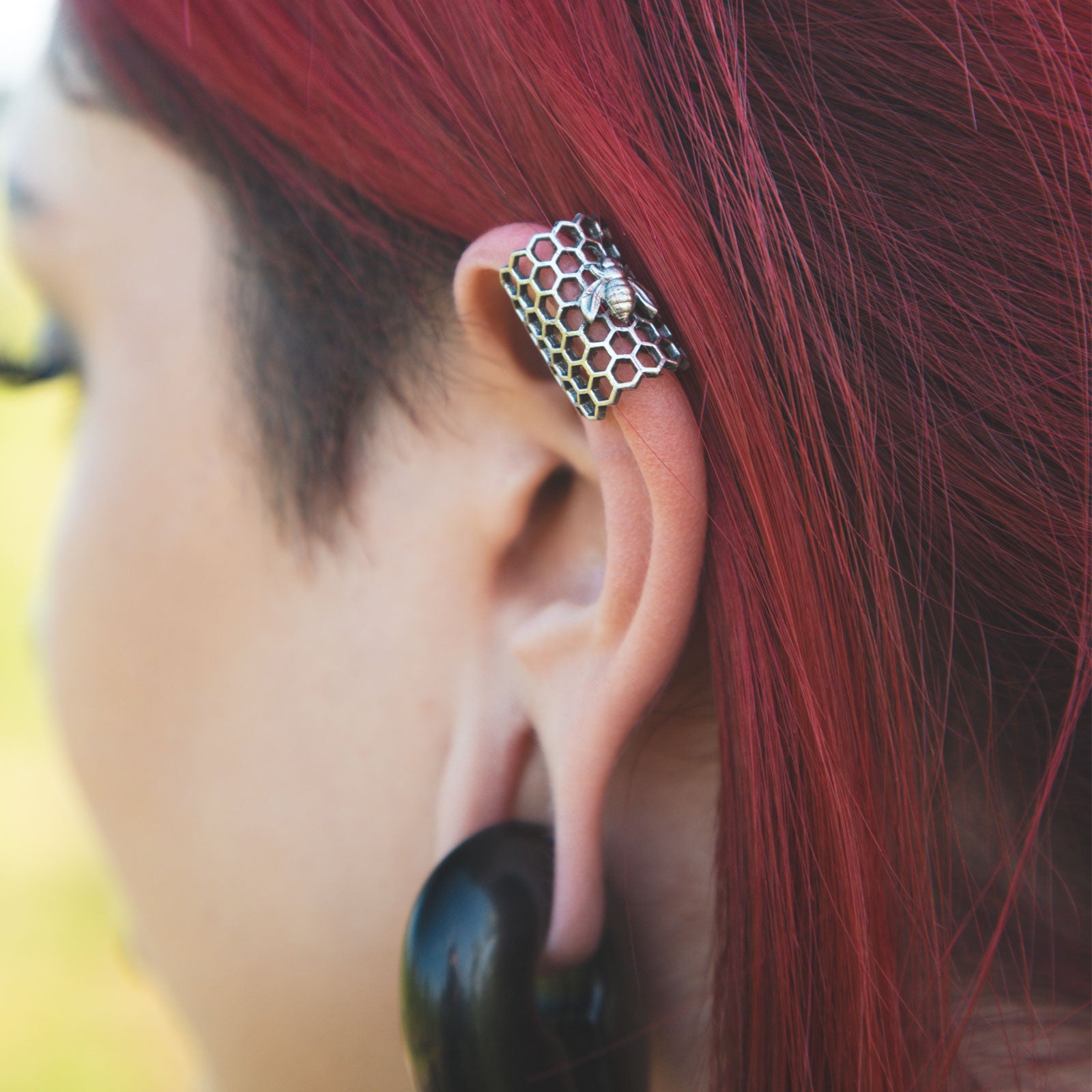 Bee & Honeycomb White Brass Ear Cuff Model Shot