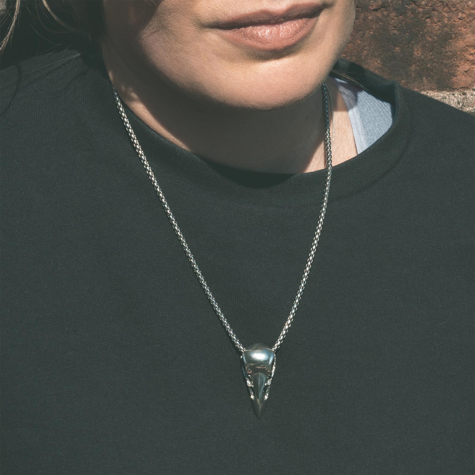 Bird Skull White Brass Pendant With Adjustable Cord Necklace Model Shot