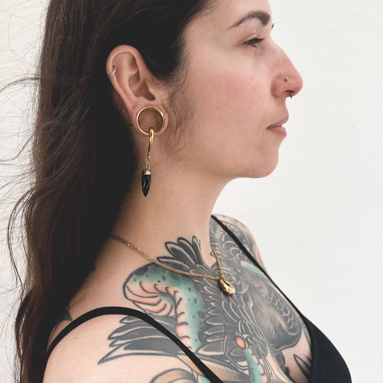 Black Agate Faceted Pendant With Gold PVD Hook Mini Ear Weight Model Shot