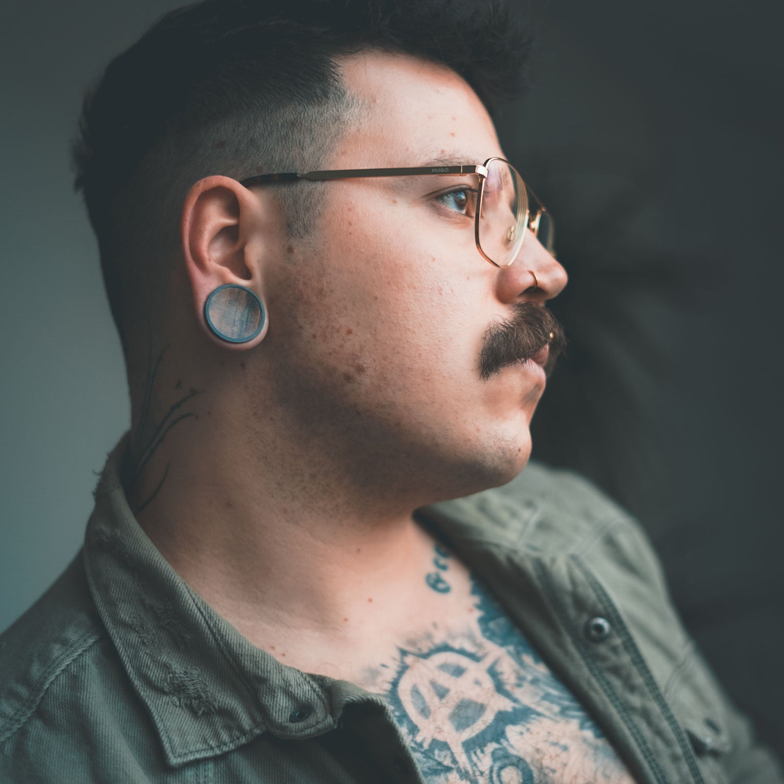 Black Areng Wood Double Flare Concave Plug With Olive Wood Inlay Model Shot