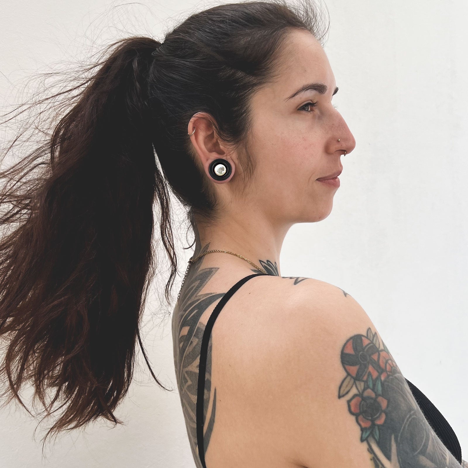 Black Areng Wood Double Flare Plug With Carved Circles & MOP Inlay Model Shot