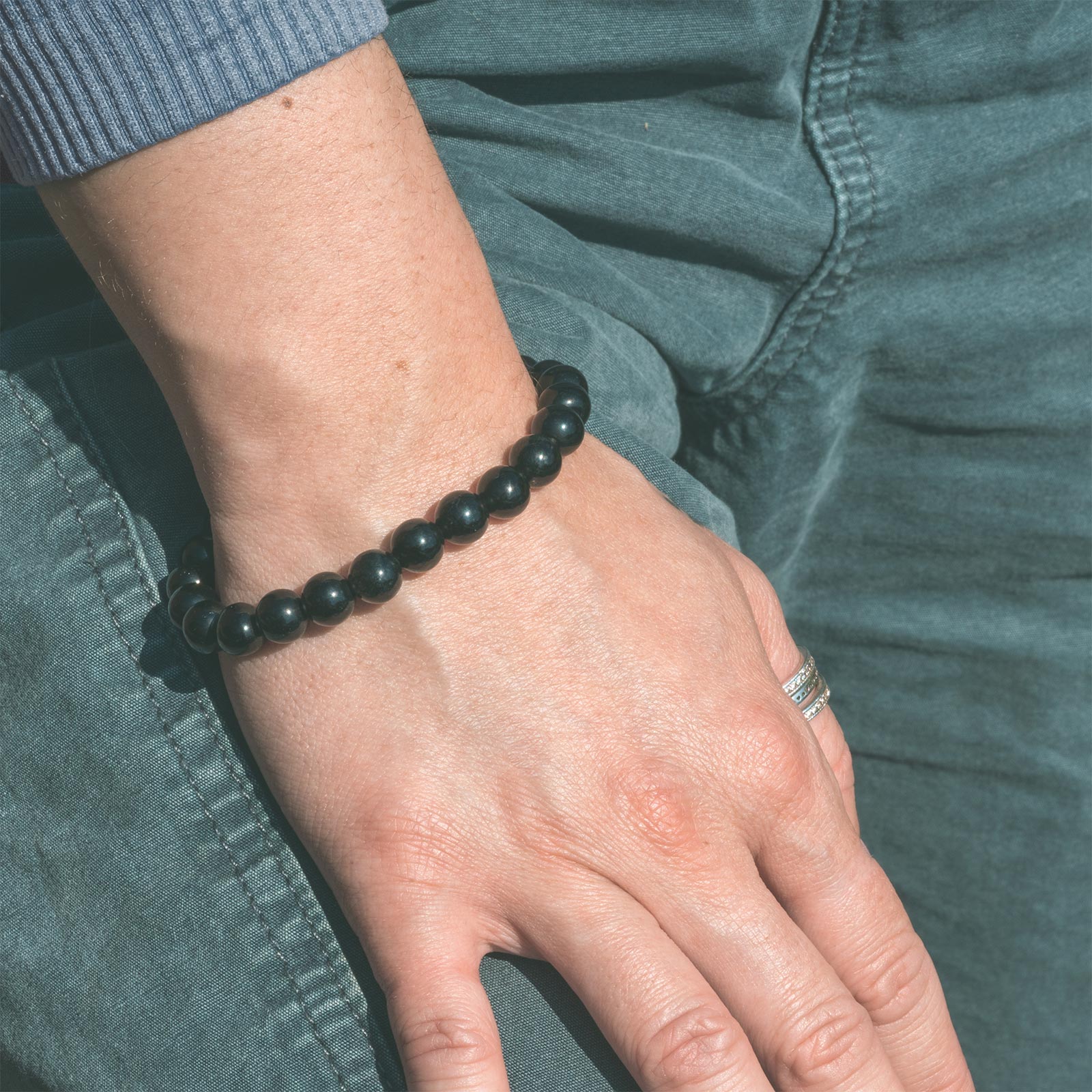 Black Obsidian Bead Stone Stretch Bracelet Model Shot