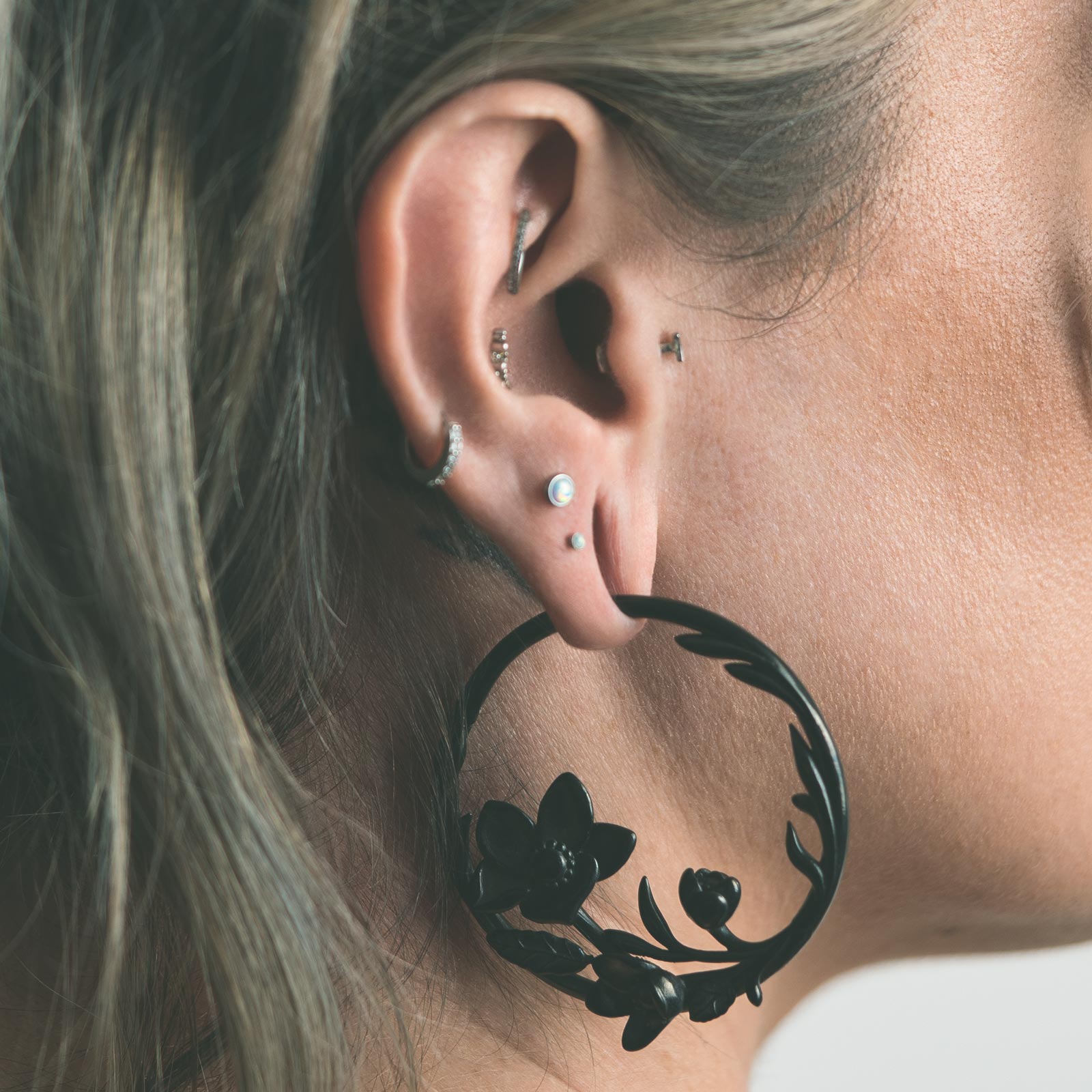 Blossom Flower Black PVD Hoop Magnetic Ear Weight Model Shot