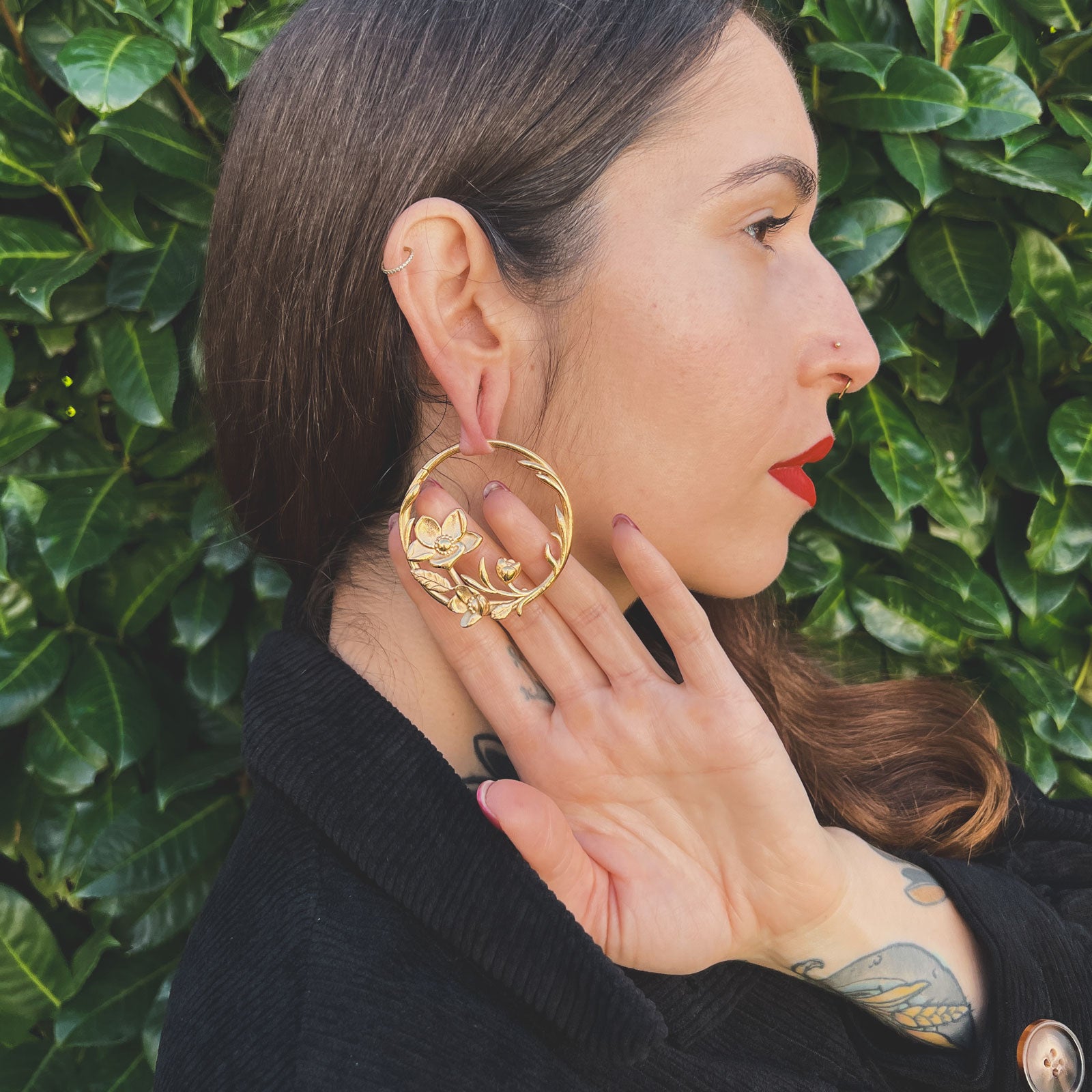 Blossom Flower Gold PVD Hoop Magnetic Ear Weight Model Shot