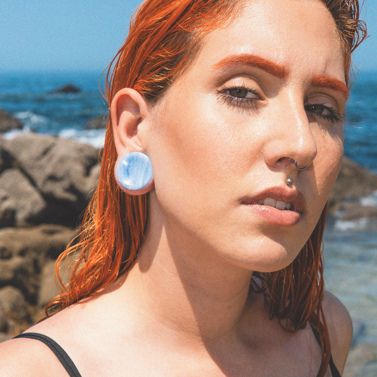 Blue Lace Agate (Synthetic) Double Flare Concave Stone Plug Model Shot Close Up