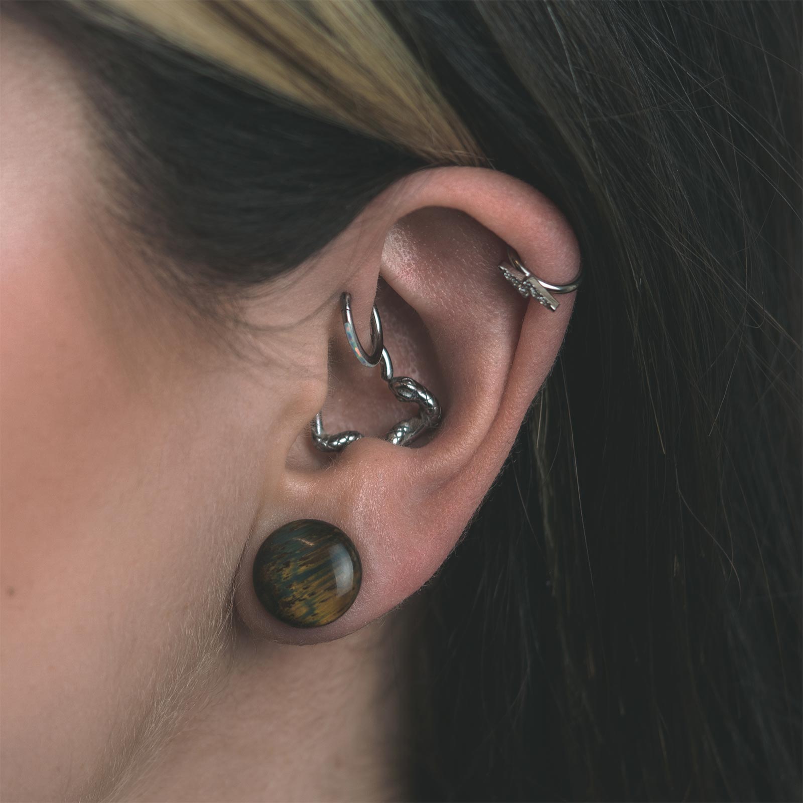 Blue Tiger's Eye Single Flare Convex Stone Plug Model Shot