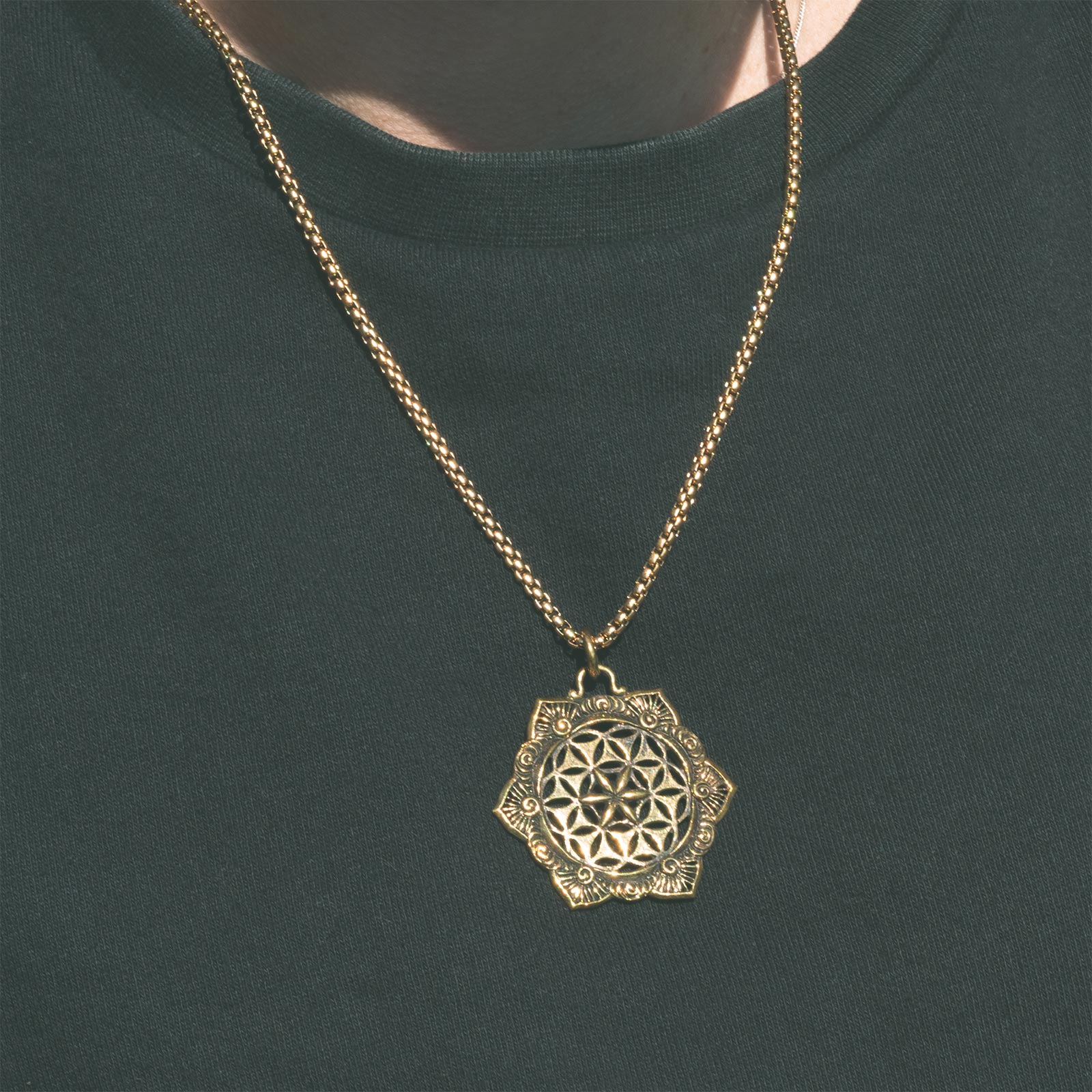 Brass Seed Of Life Flower Pendant With 18k Gold Box Chain Model Shot