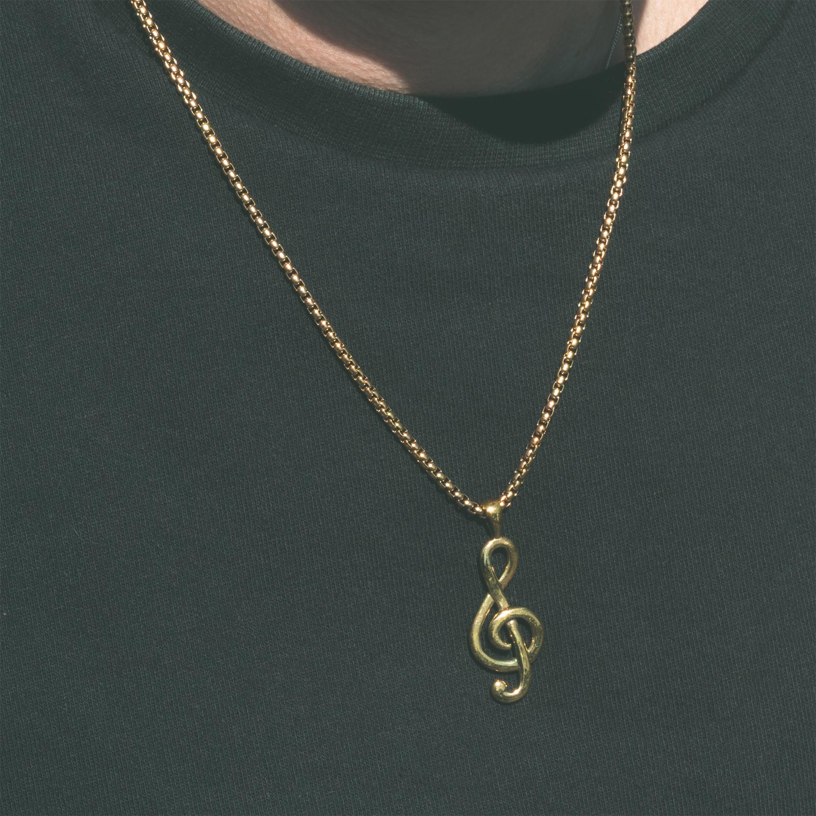 Brass Treble Clef Music Note Pendant With 18k Gold Box Chain Model Shot