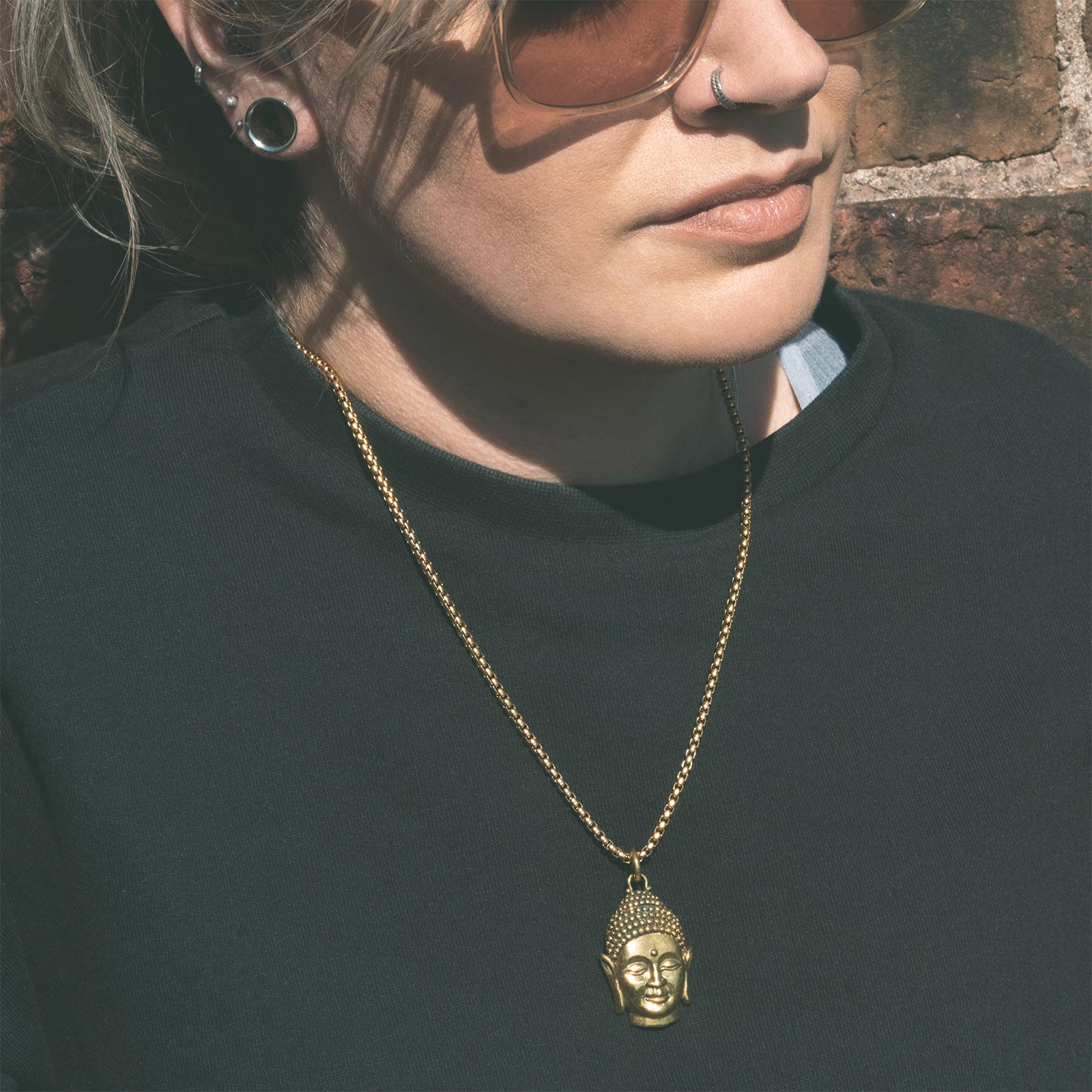 Buddha Head Brass Pendant With 18k Gold Box Chain Model Shot