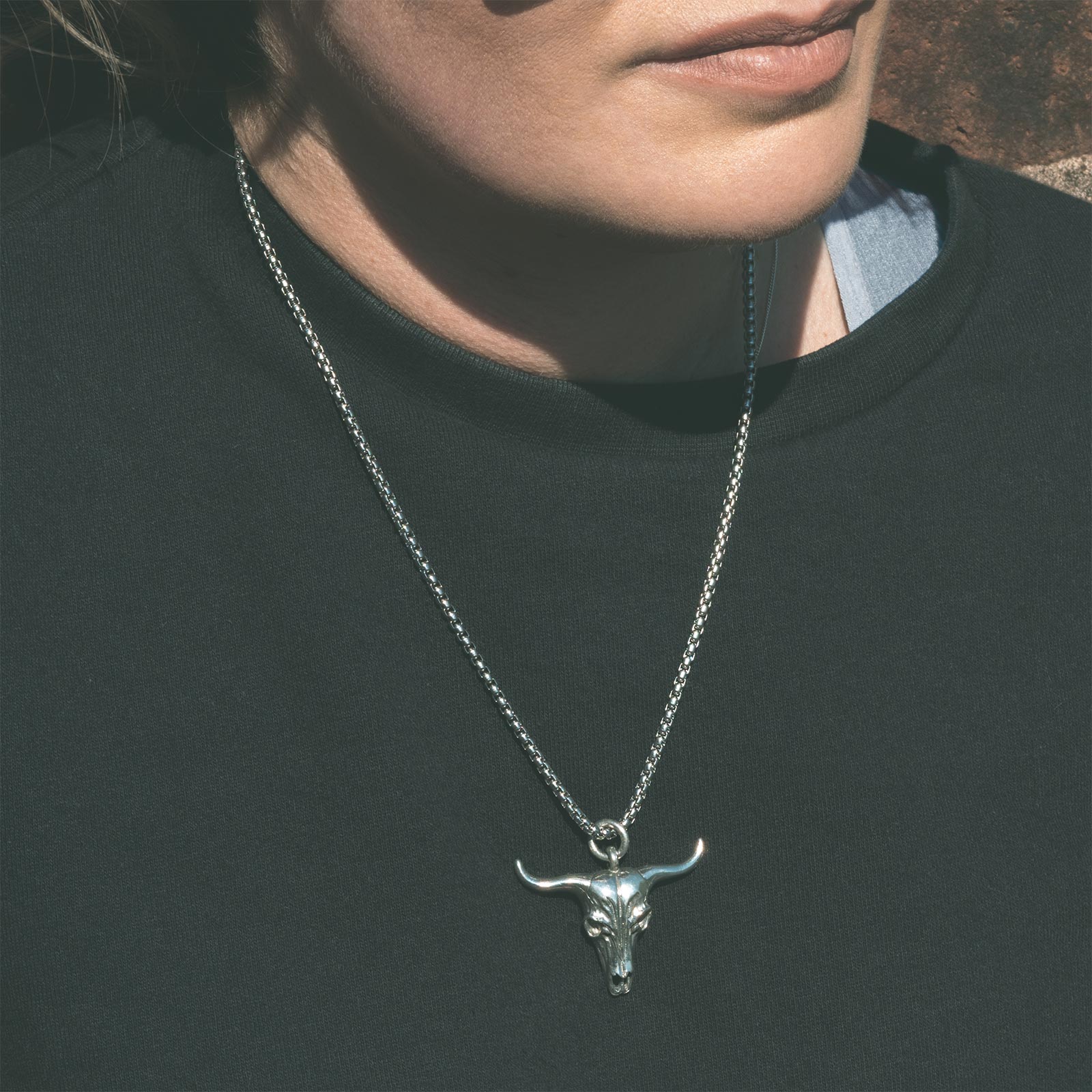 Bull Skull White Brass Pendant With Adjustable Cord Necklace Model Shot