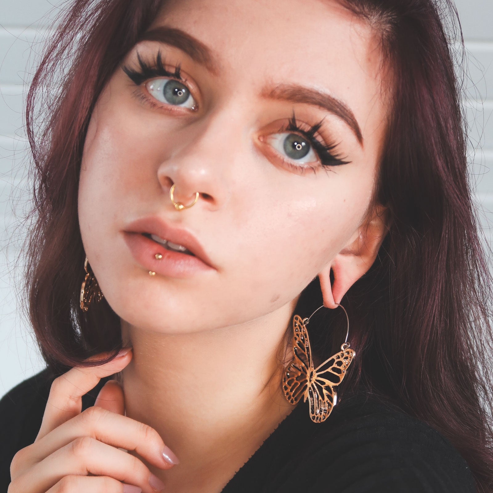 Butterfly Gold Plug Hoops Model Shot