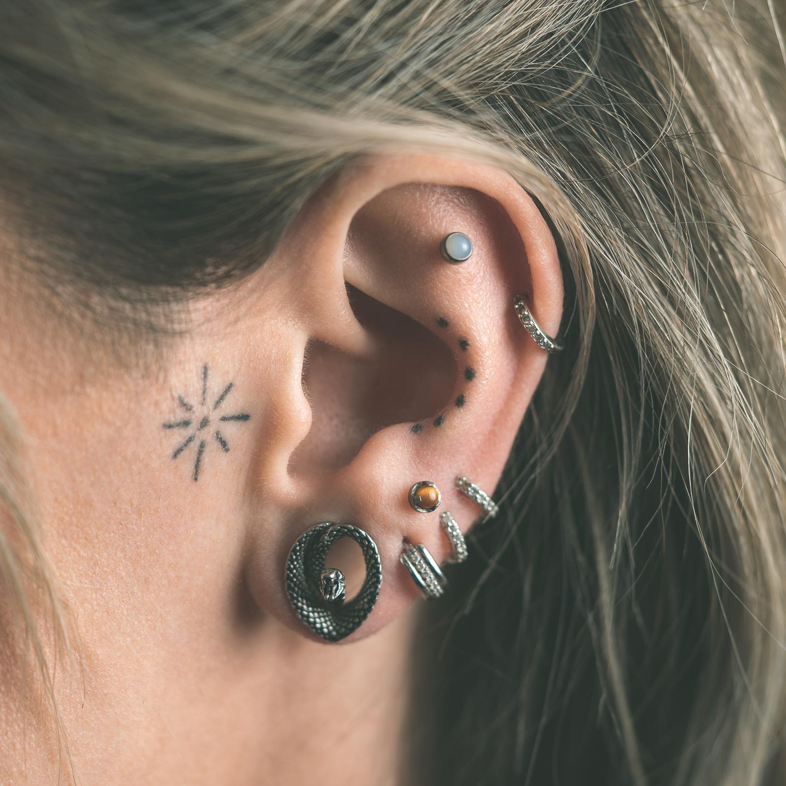 Coiled Snake Teardrop Surgical Steel Saddle Ear Weight Model Shot Left