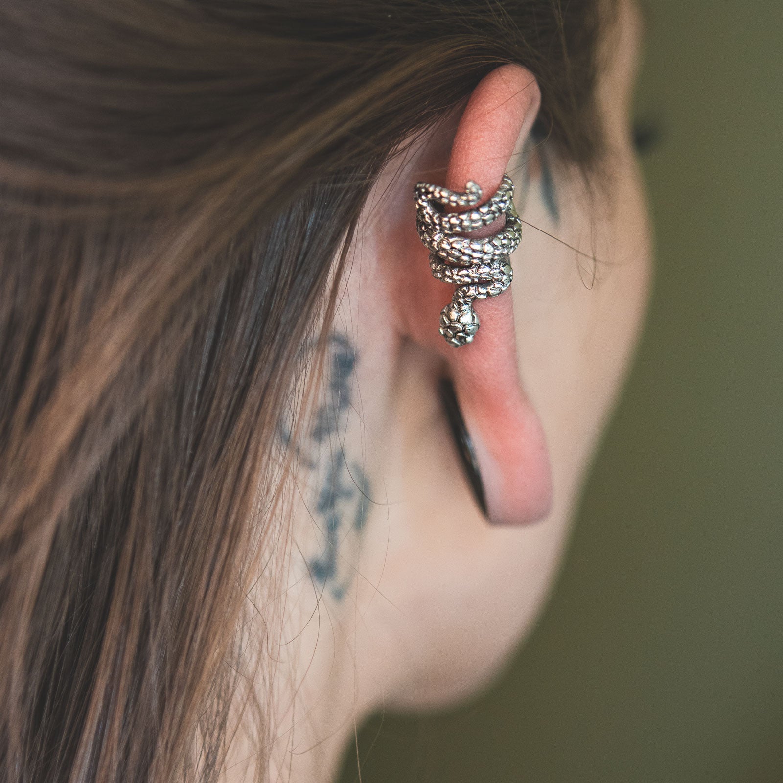Coiled Snake White Brass Ear Cuff Model Shot