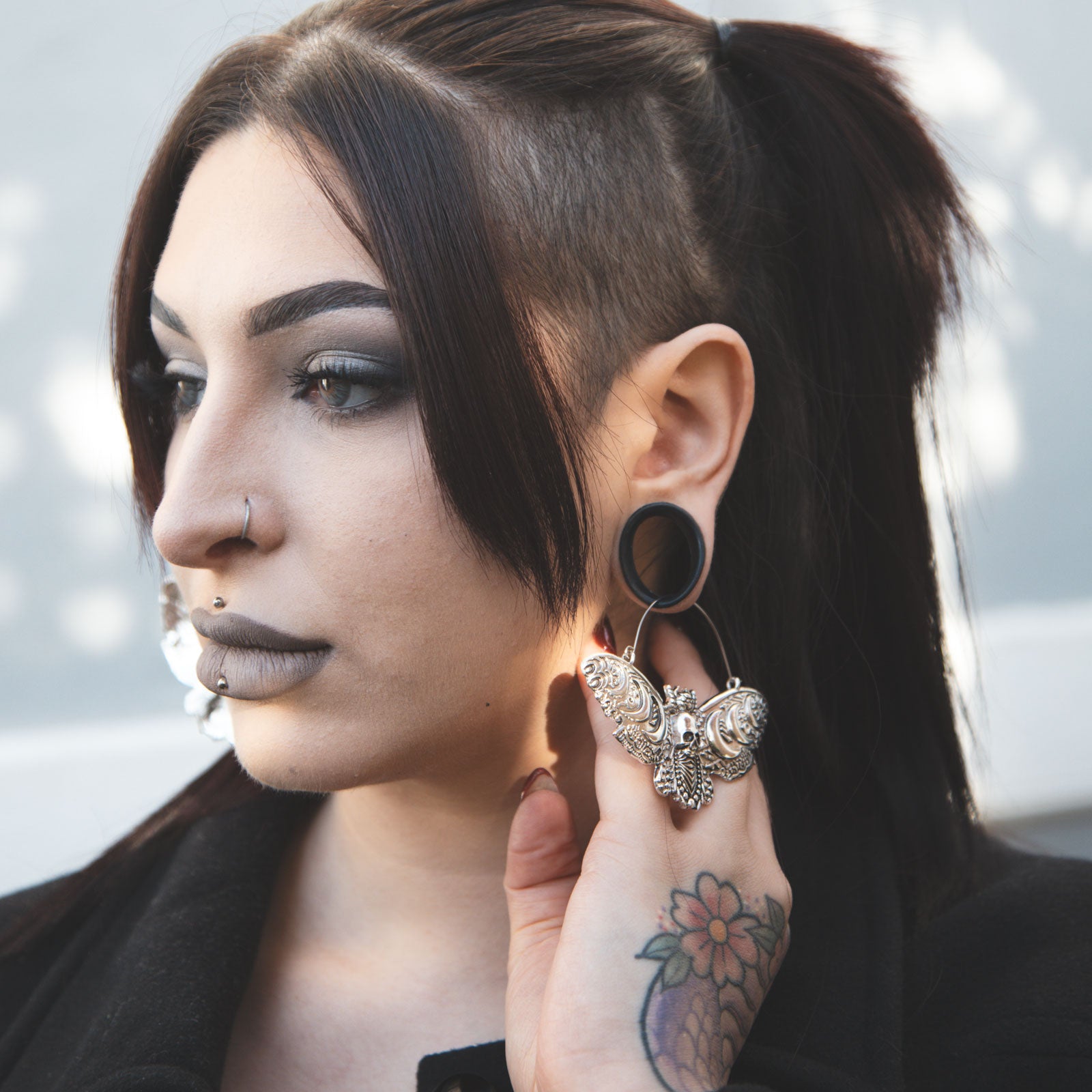 Death Moth Moon Phase Plug Hoops Model Shot