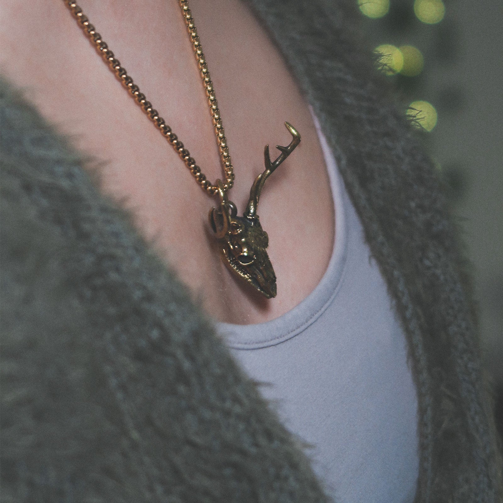 Deer Skull Brass Pendant With 18k Gold Box Chain Model Shot Two