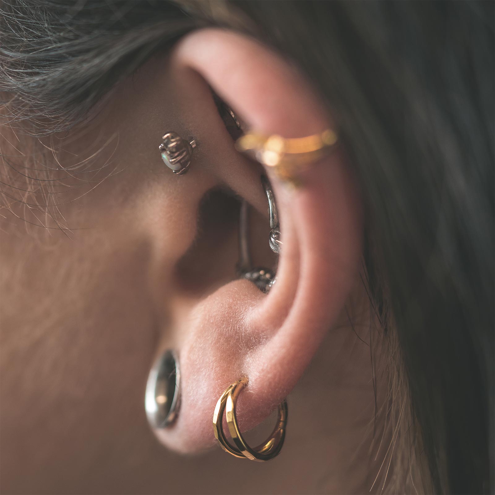 Double Faceted Hoop Gold PVD Titanium Hinged Segment Ring Model Shot Side Shot