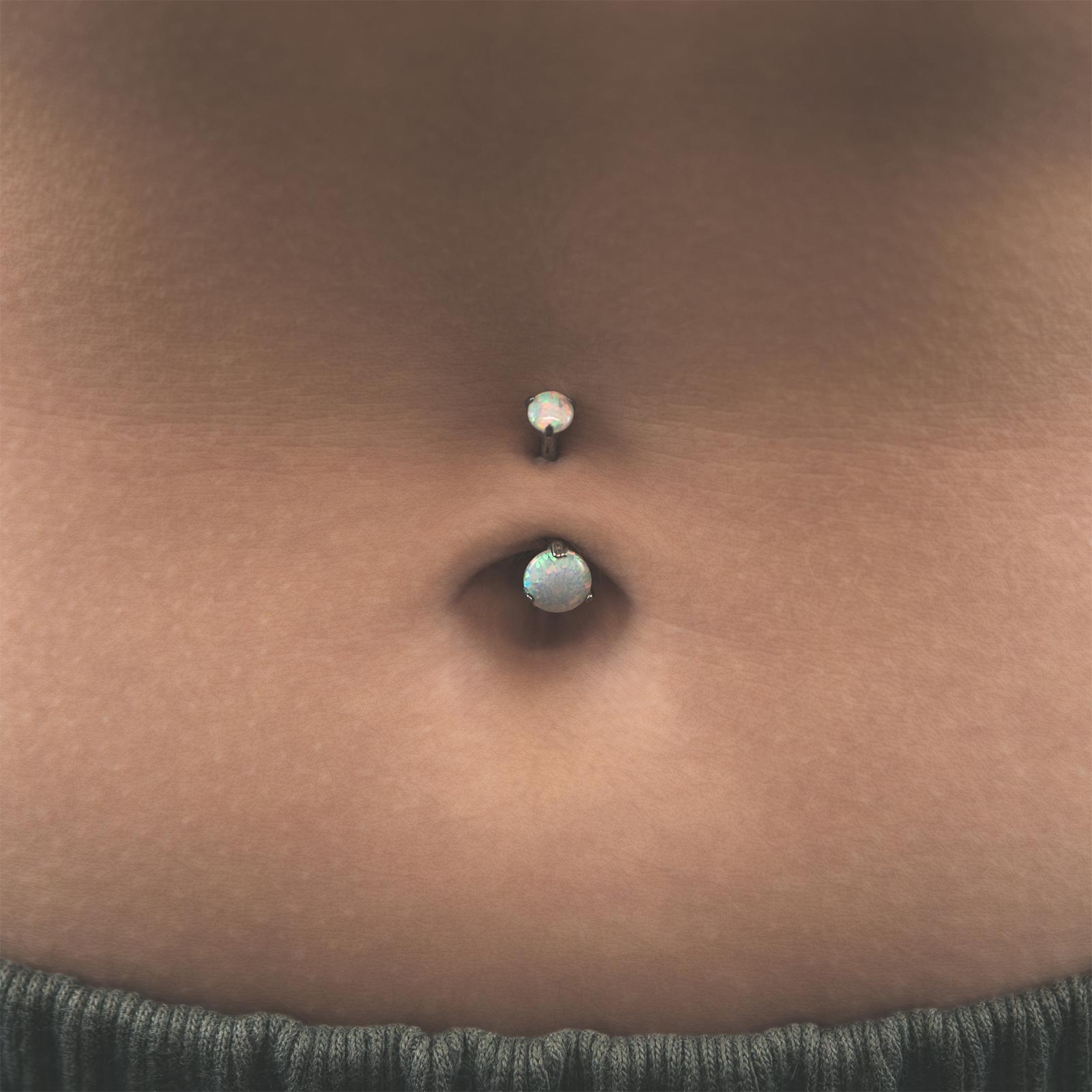 Double Fire & Snow Synth Opal Internally Threaded Titanium Belly Bar Model Shot