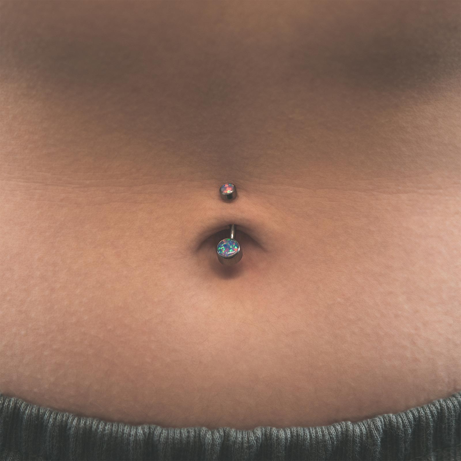 Double Flash Lavender Synth Opal Bezel Set Internally Threaded Titanium Belly Bar Model Shot