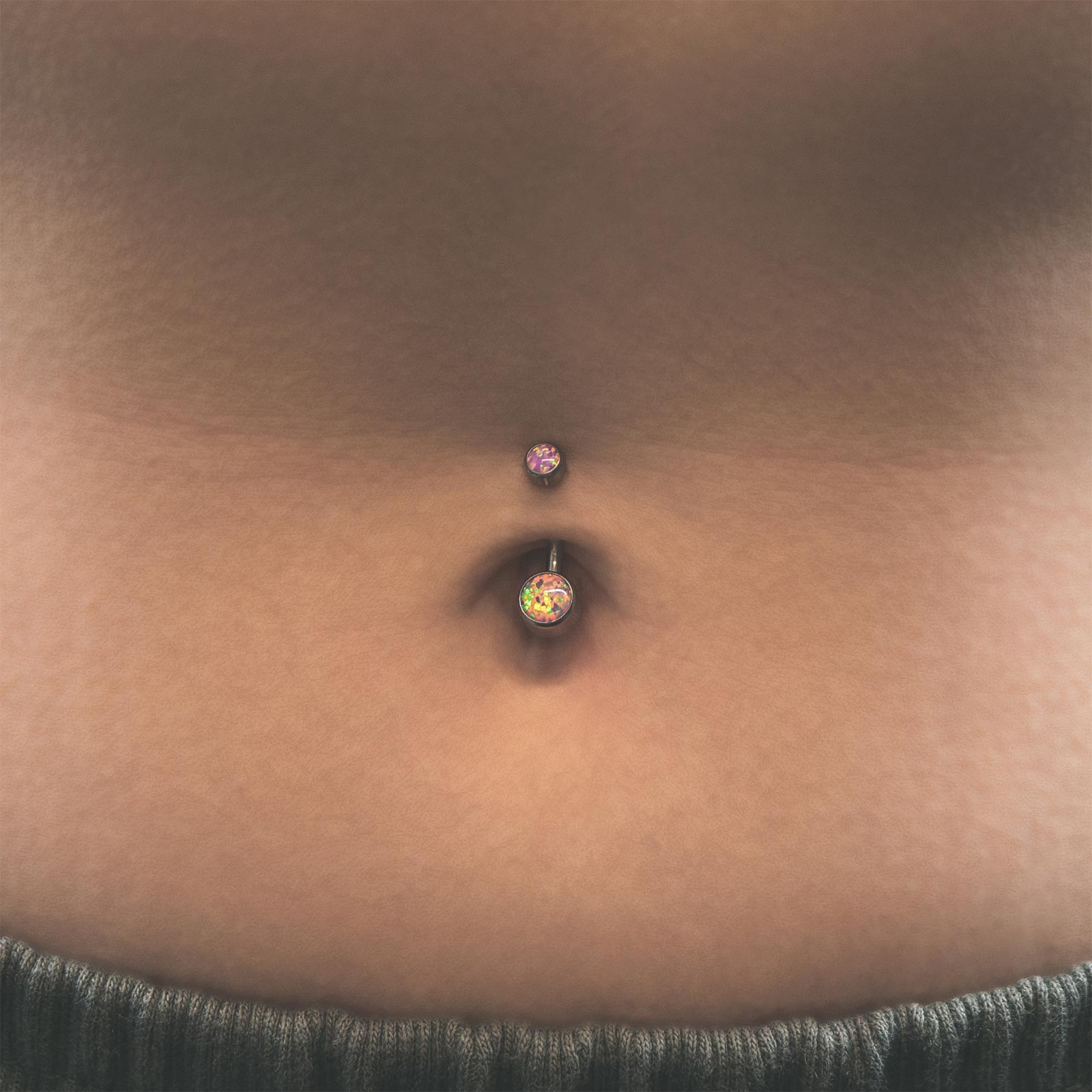 Double Rose Pink Synth Opal Bezel Set Internally Threaded Titanium Belly Bar Model Shot