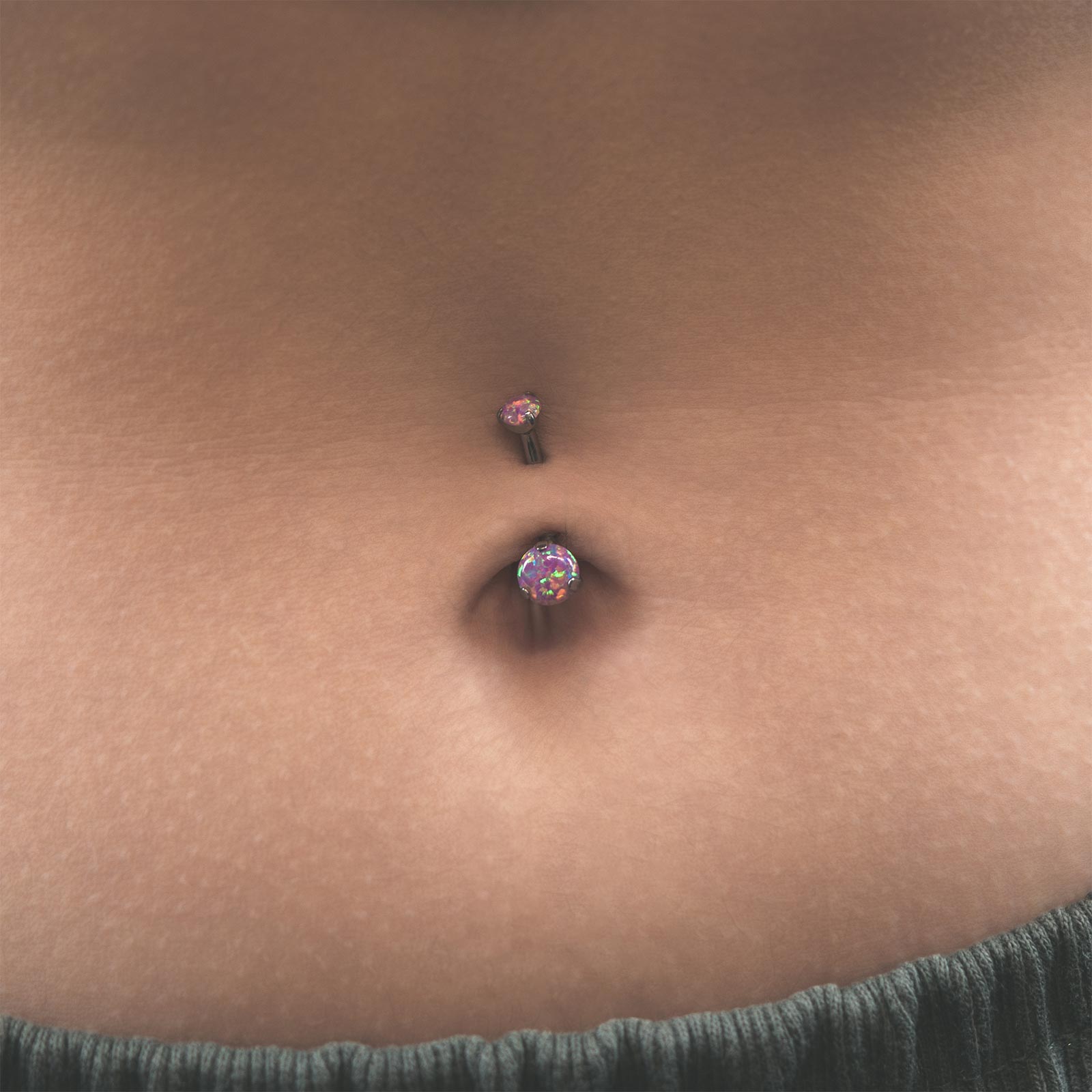 Double Rose Pink Synth Opal Internally Threaded Titanium Belly Bar Model Shot