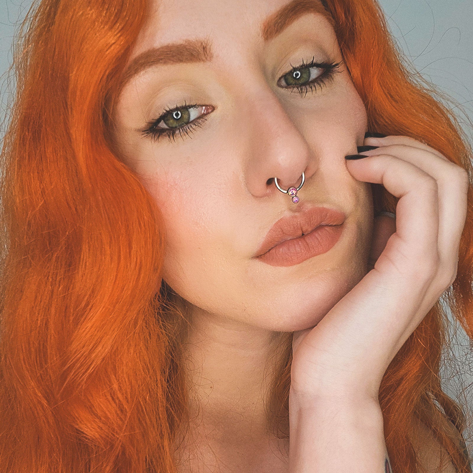 Double Rose Pink Synth Opal Titanium BCR Ball Close Ring Model Shot