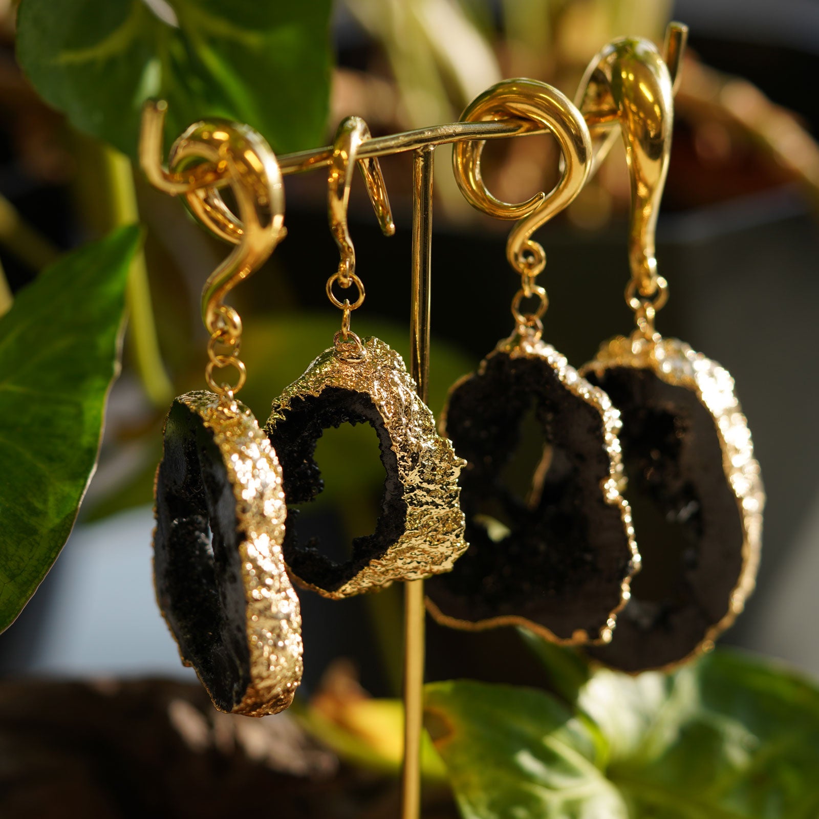 Druzy Black Agate With Gold PVD Hook Ear Weight Group Shot