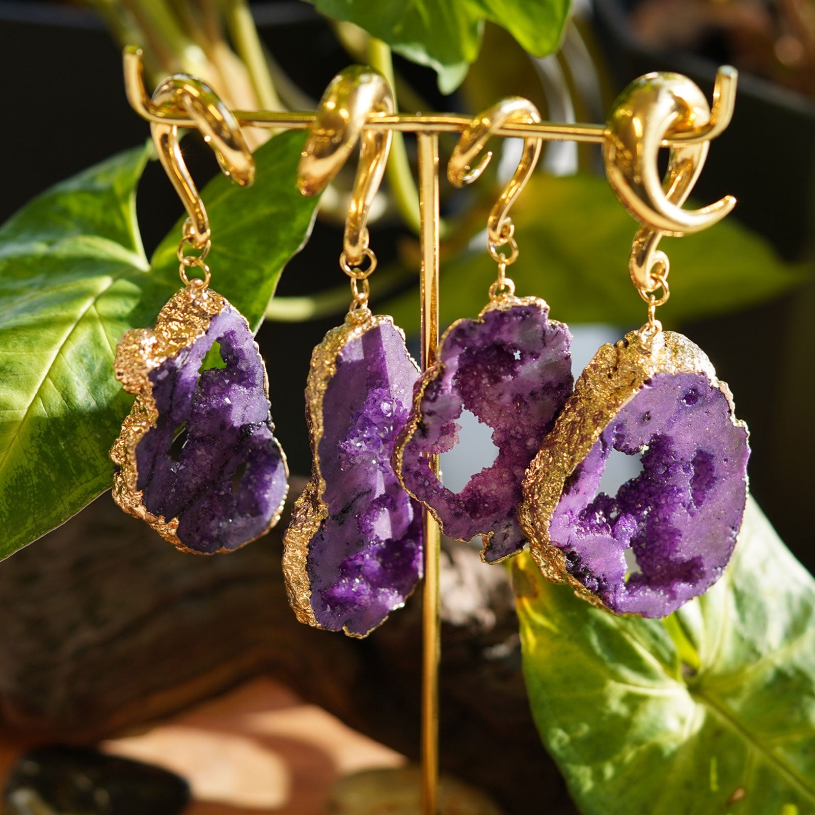 Druzy Purple Agate With Gold PVD Hook Ear Weight Group Shot