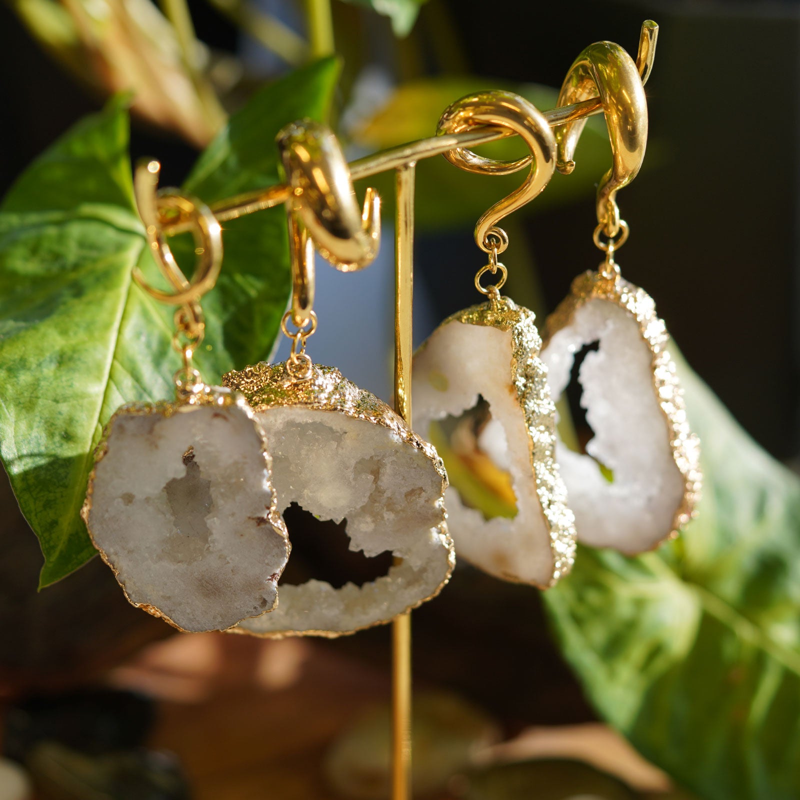 Druzy White Agate With Gold PVD Hook Ear Weight Group Shot