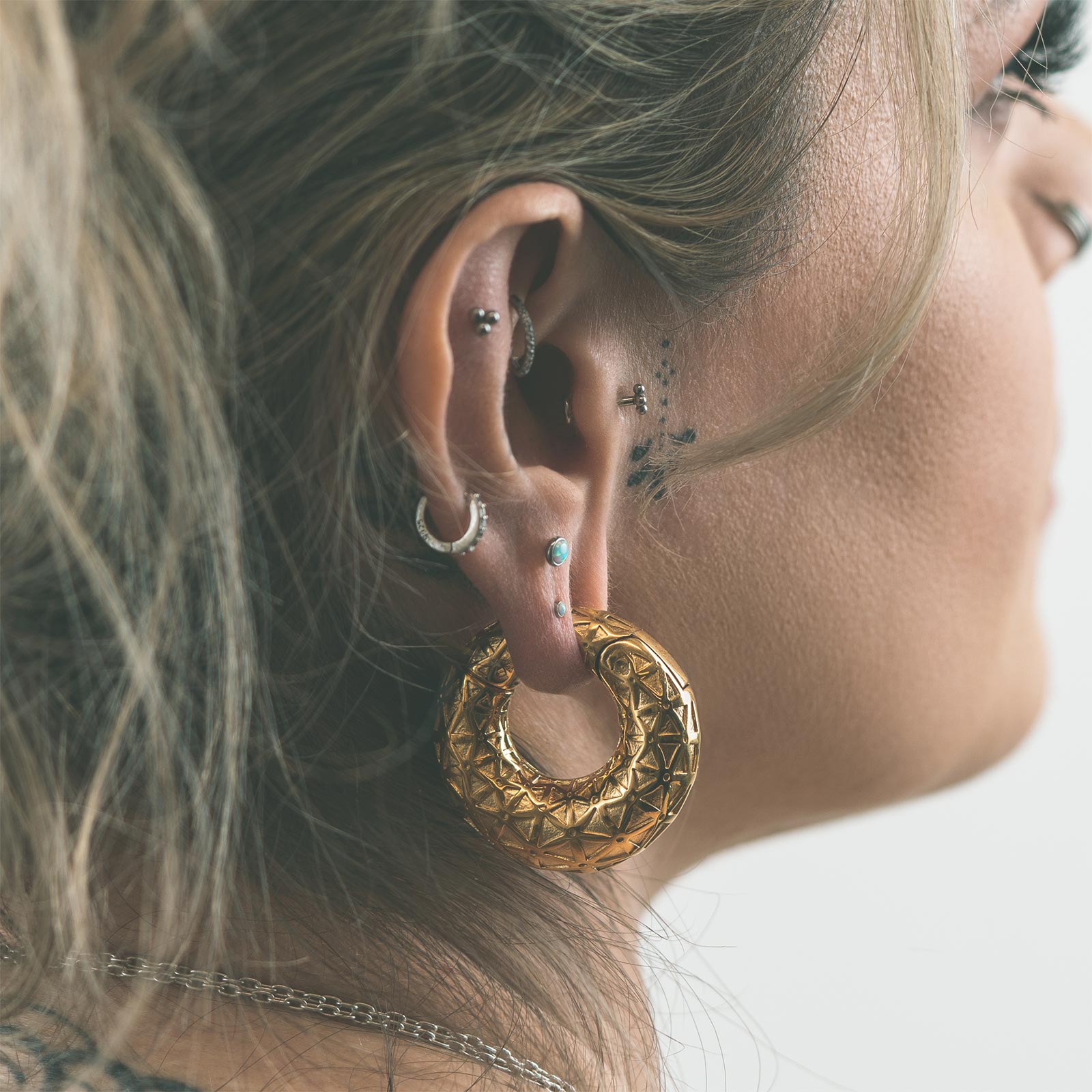 Engraved Geometric Gold PVD Magnetic Ear Weight Model Shot