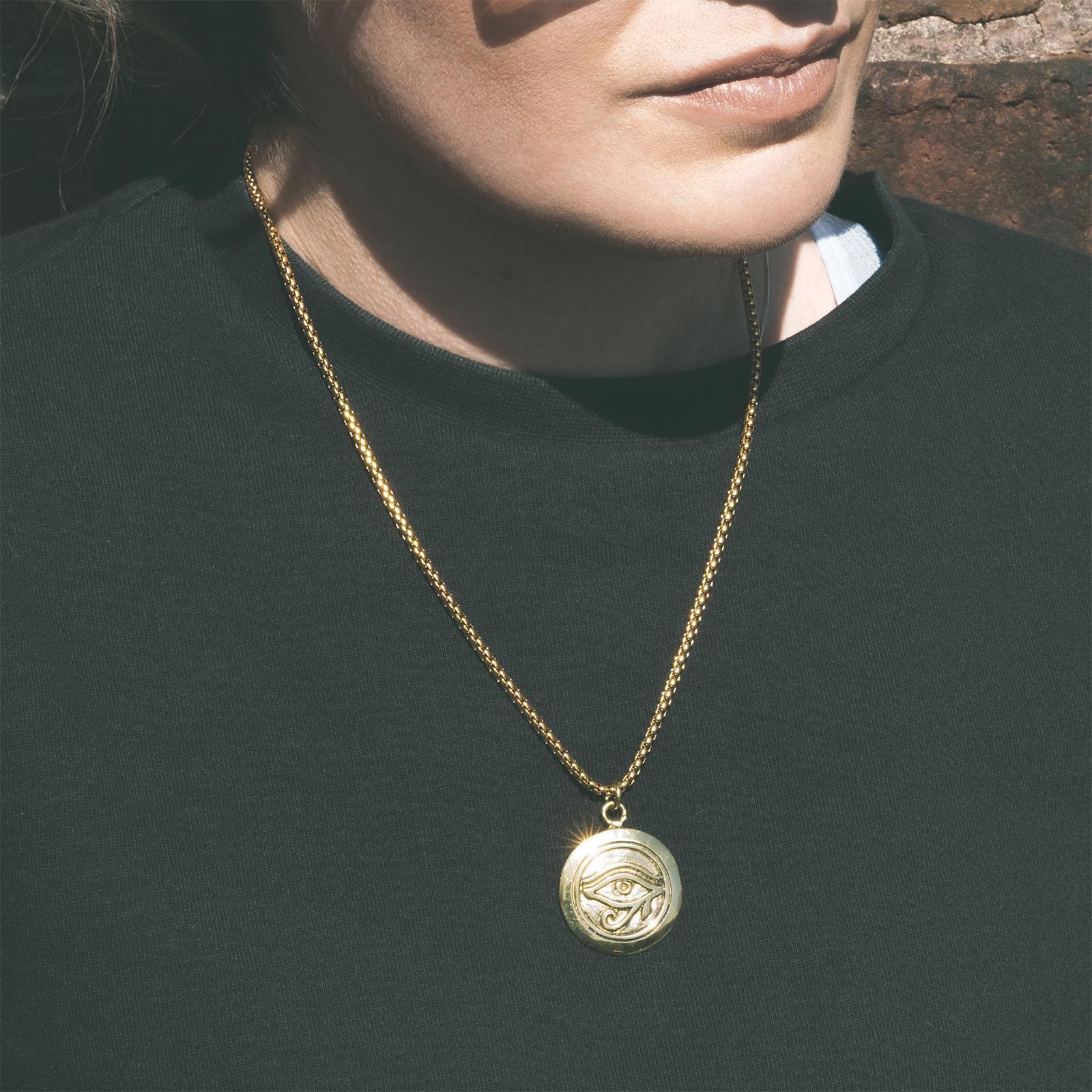Eye Of Horus Brass Pendant With 18k Gold Box Chain Model Shot