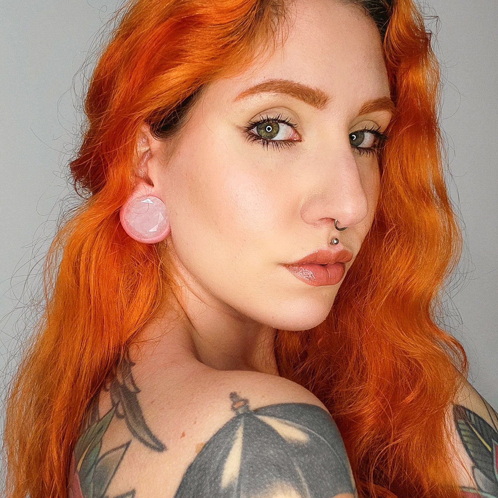 Faceted Rose Quartz Double Flare Stone Plug Model Shot