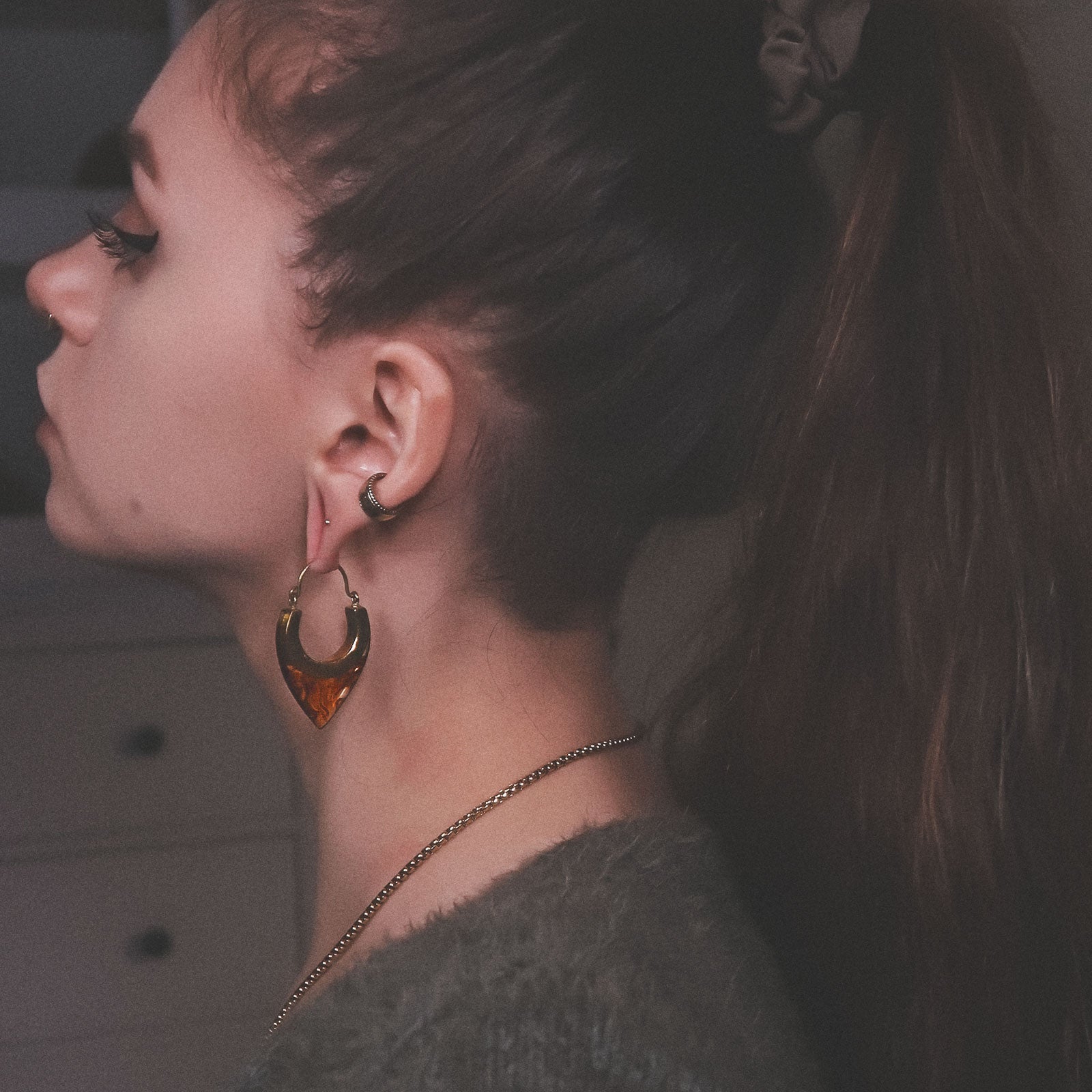 Fire Storm Epoxy & Brass Plug Hoops Model Shot Two