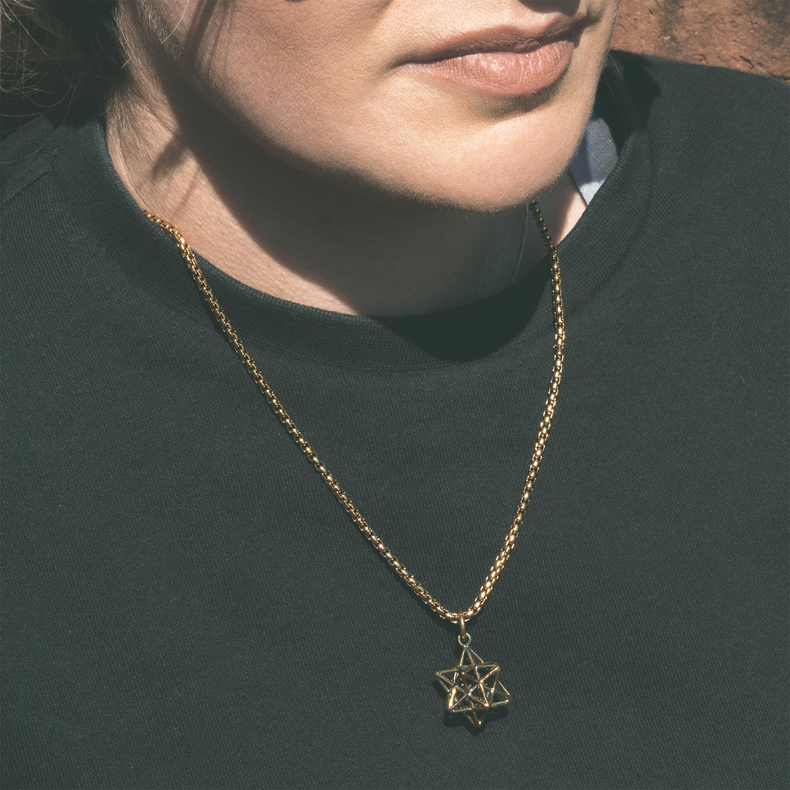 Geometric 3D Star Brass Pendant With 18k Gold Box Chain Model Shot