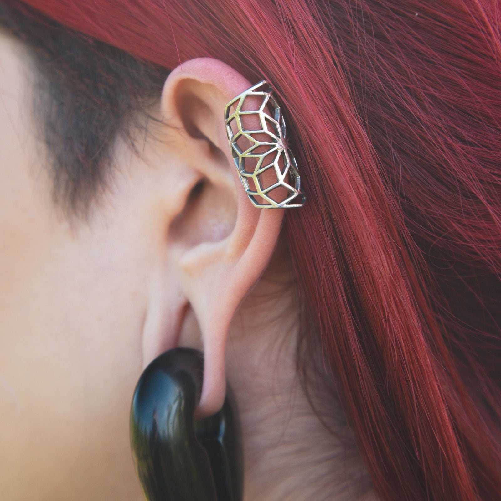 Geometric Flower White Brass Ear Cuff Model Shot