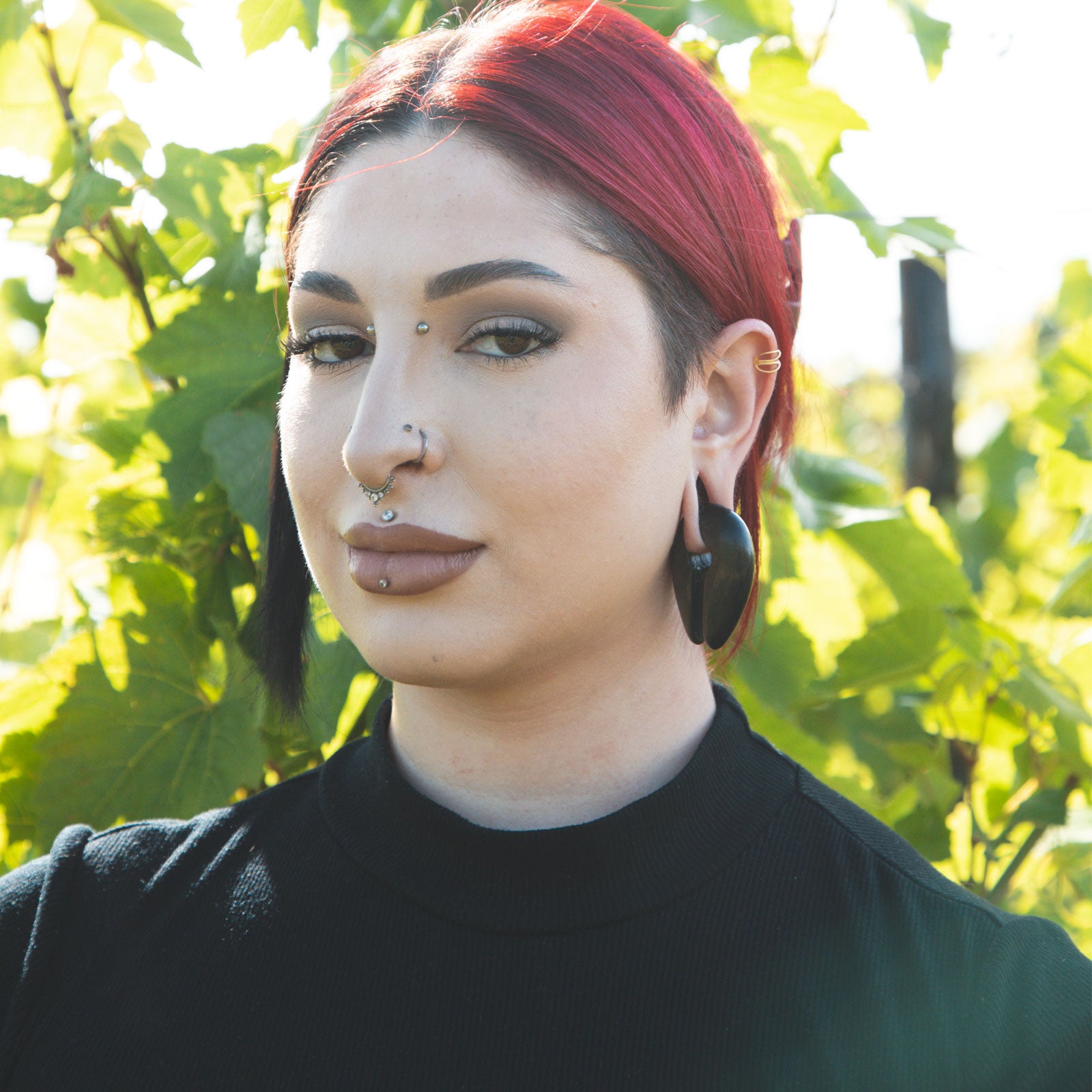 Golden Obsidian Keyhole Stone Ear Weights Model Shot Female