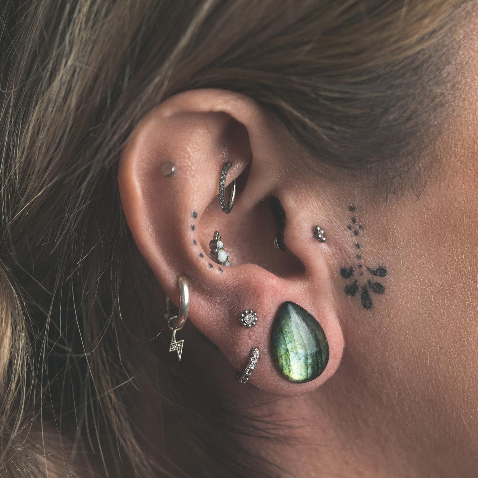 Grade AAA Labradorite Double Flare Convex Stone Teardrop Plug Model Shot