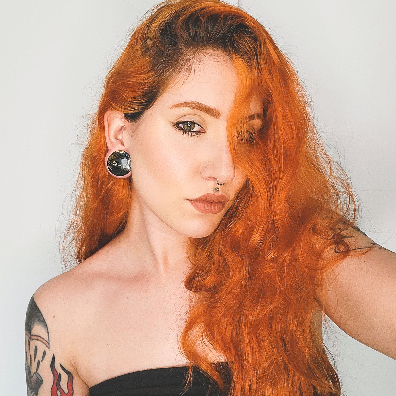 Grade B Labradorite Double Flare Convex Stone Plug Model Shot