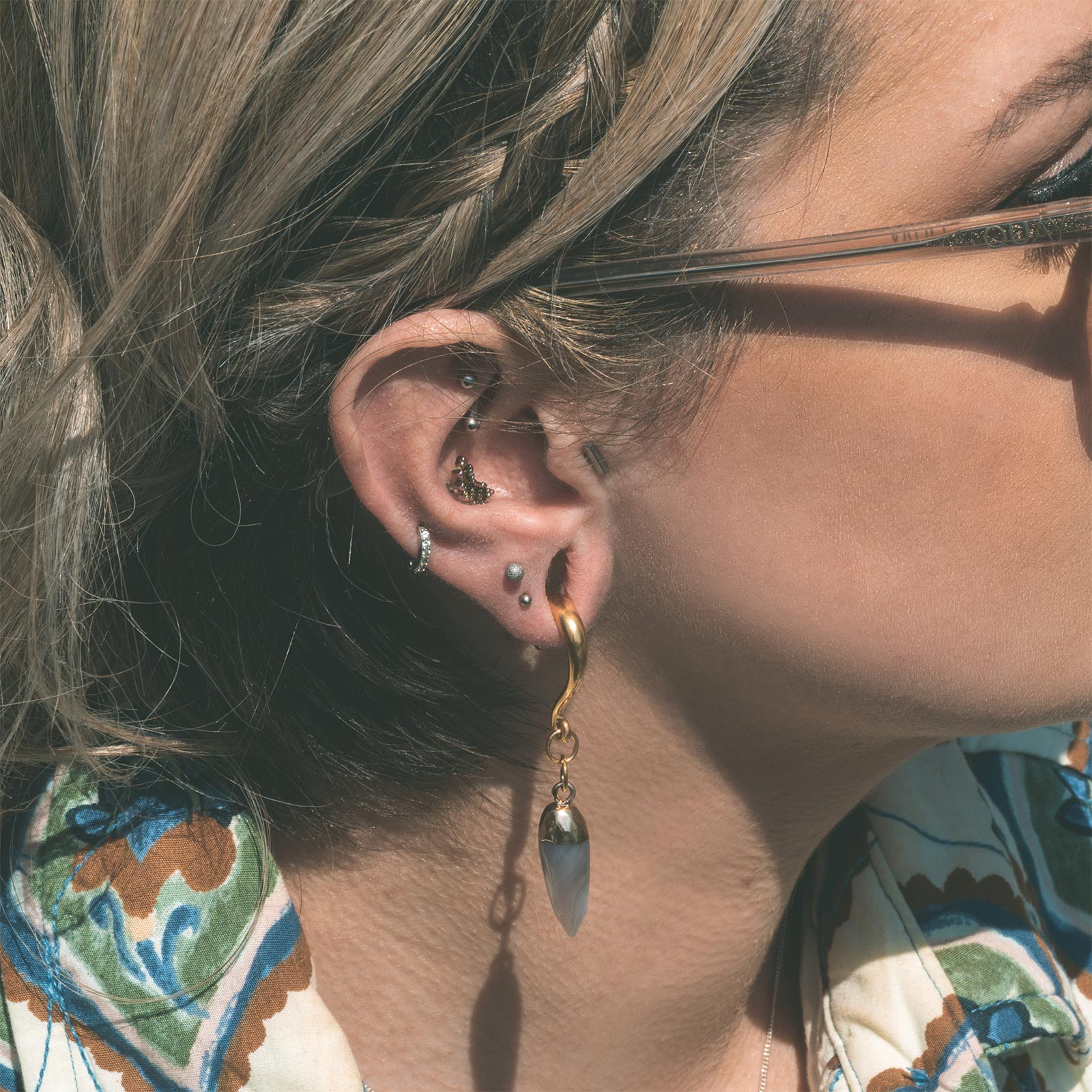 Grey Agate Faceted Pendant With Gold PVD Hook Mini Ear Weight Model Shot