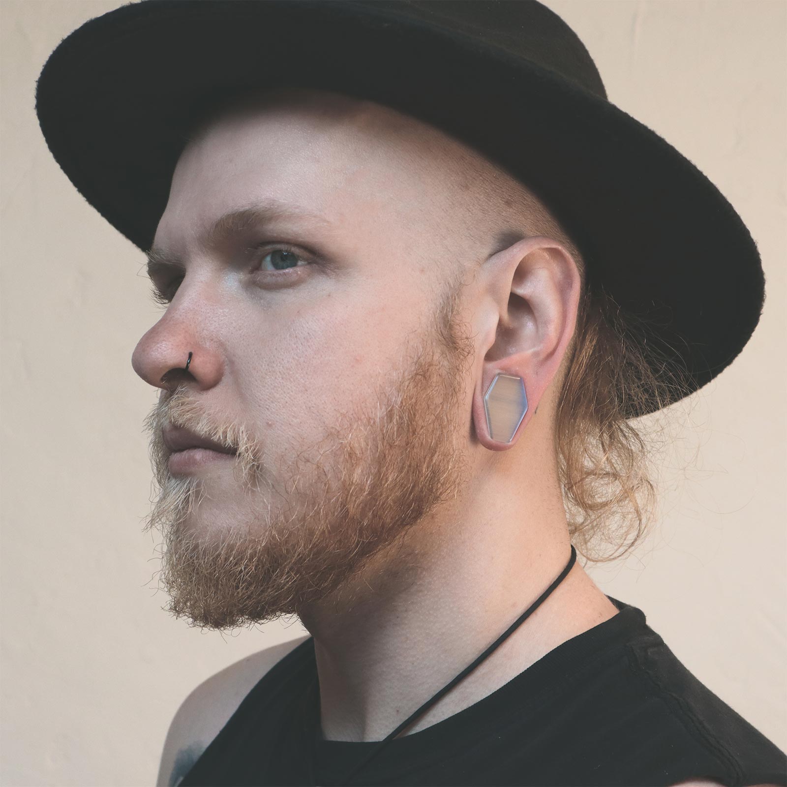 Grey Cat's Eye Double Flare Coffin Plug Model Shot