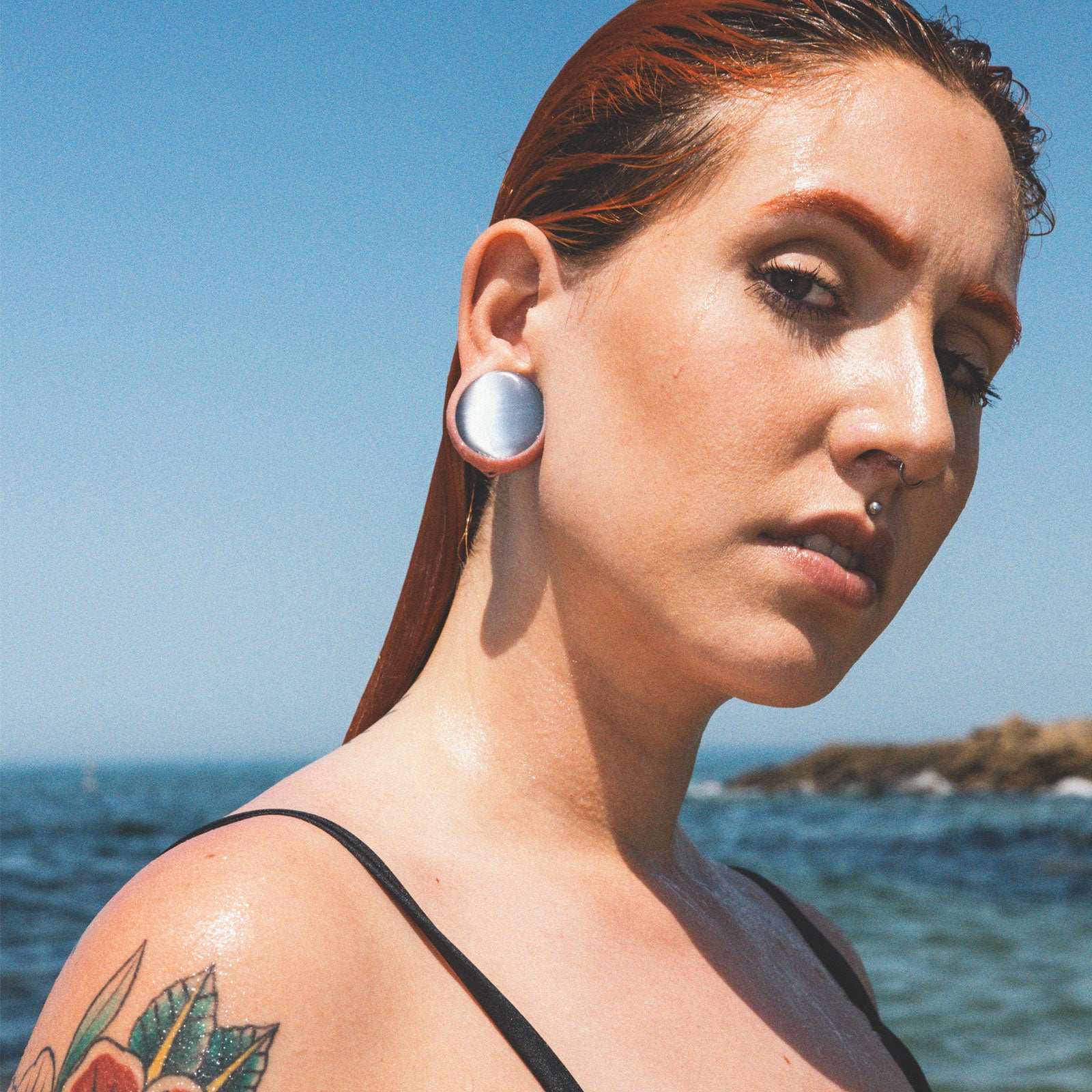 Grey Cat's Eye Glass Double Flare Convex Plug Model Shot Close Up